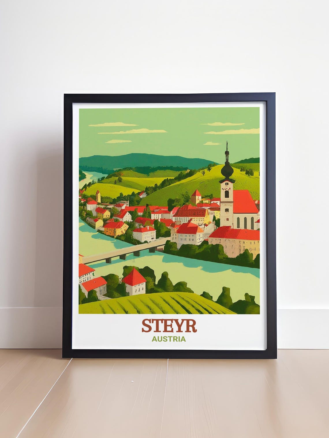 Steyr Austria Riverside Old Town and Church Tower View Poster - Image 4