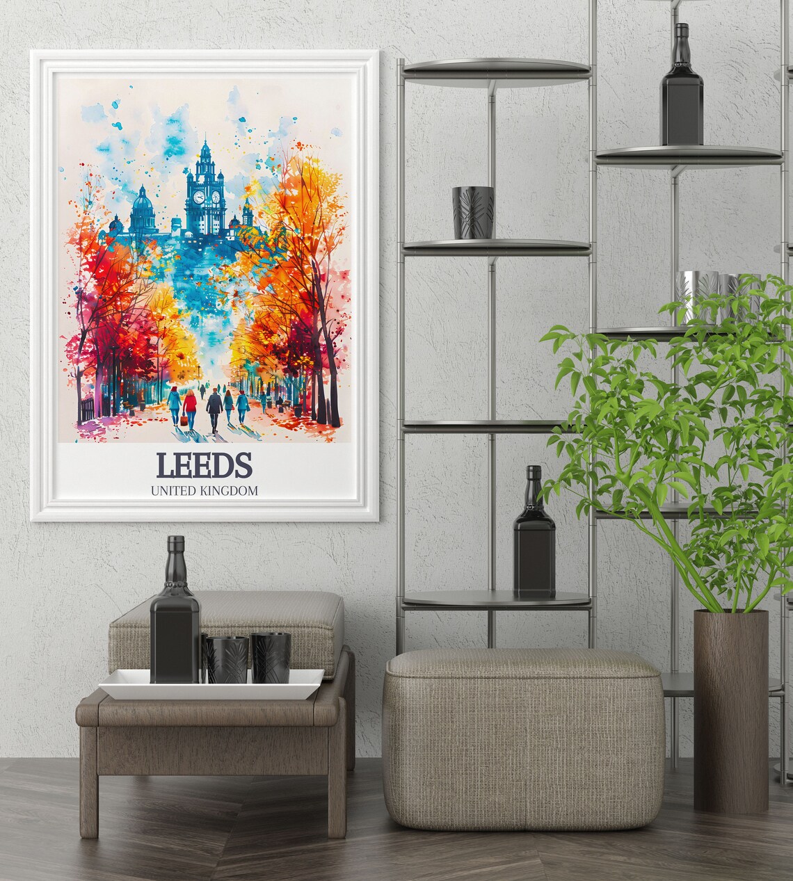 Leeds United Kingdom Watercolor Clock Tower Autumn Streets Poster - Image 2