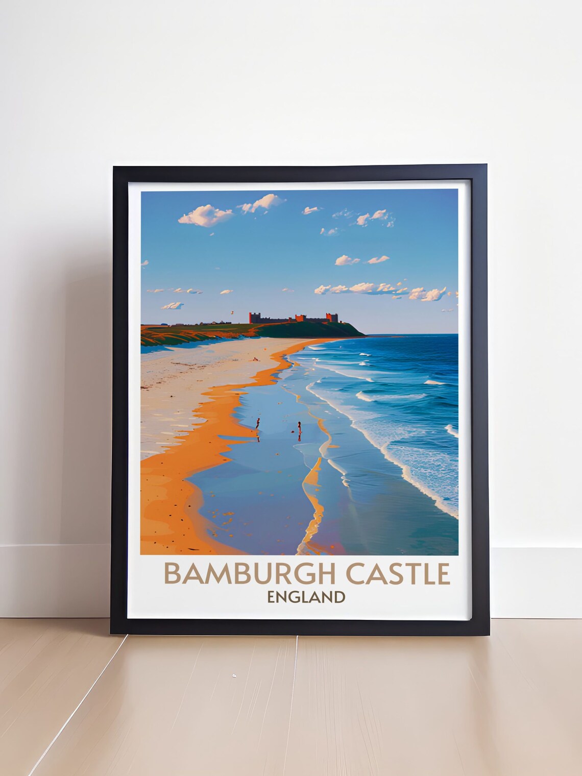 Bamburgh Castle England Sandy Beach Shoreline Summer Day Travel Poster