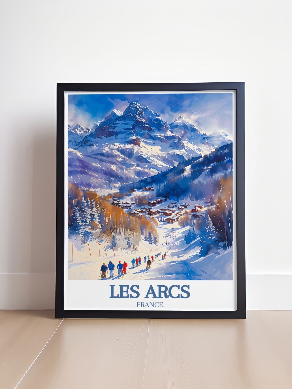 Les Arcs France Skiers Gathering Below Snowy Peaks Village Poster - Image 4