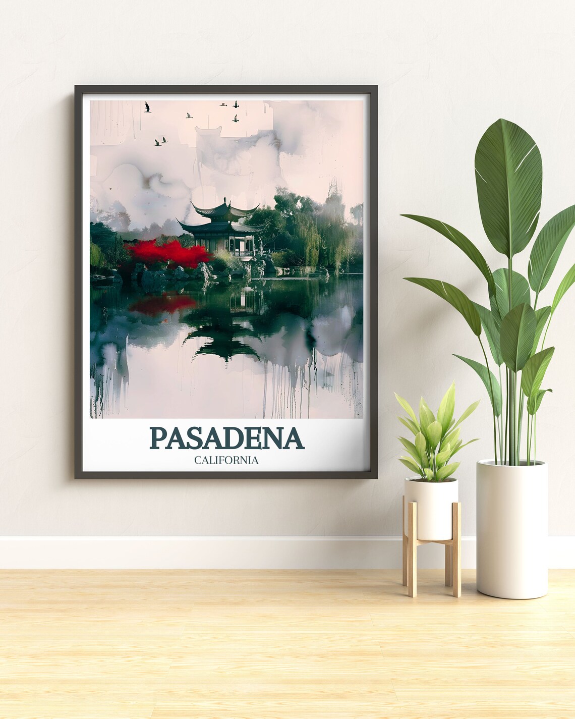 Pasadena Chinese Garden Pagoda Pond Watercolor California Poster - Image 2
