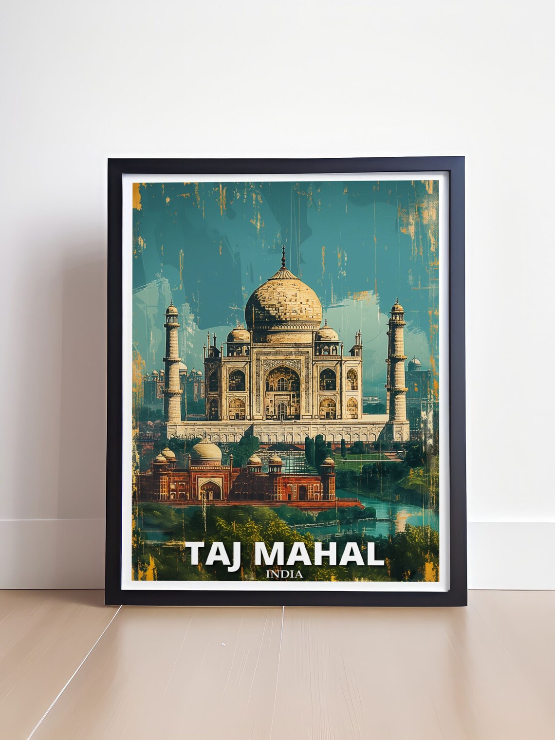Taj Mahal India Vintage Distressed Teal Art Style Wall Poster - Image 4