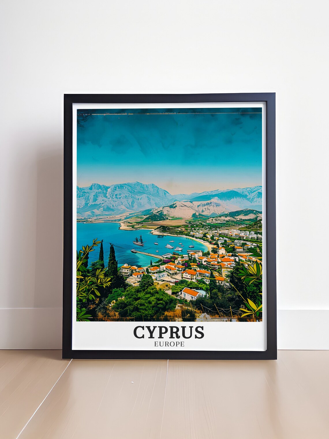 Cyprus Mediterranean Coastal Town Bay and Mountains Travel Poster - Image 4