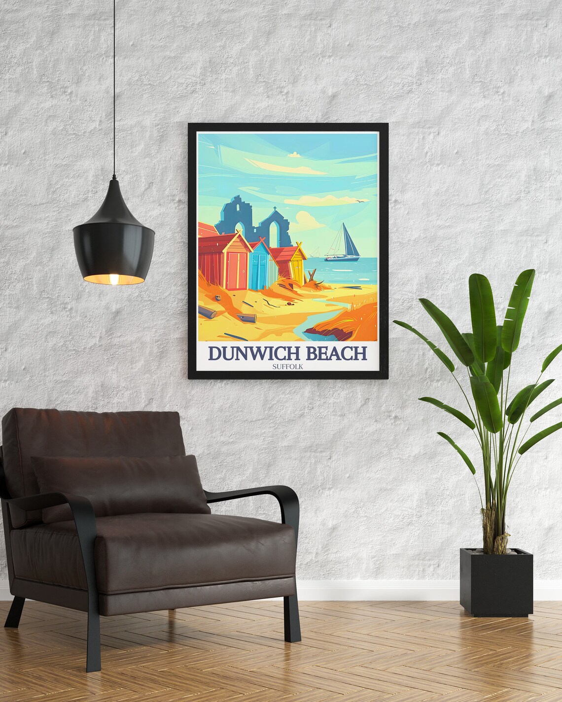 Dunwich Beach Suffolk Church Ruins Beach Huts Sailboats Poster - Image 3