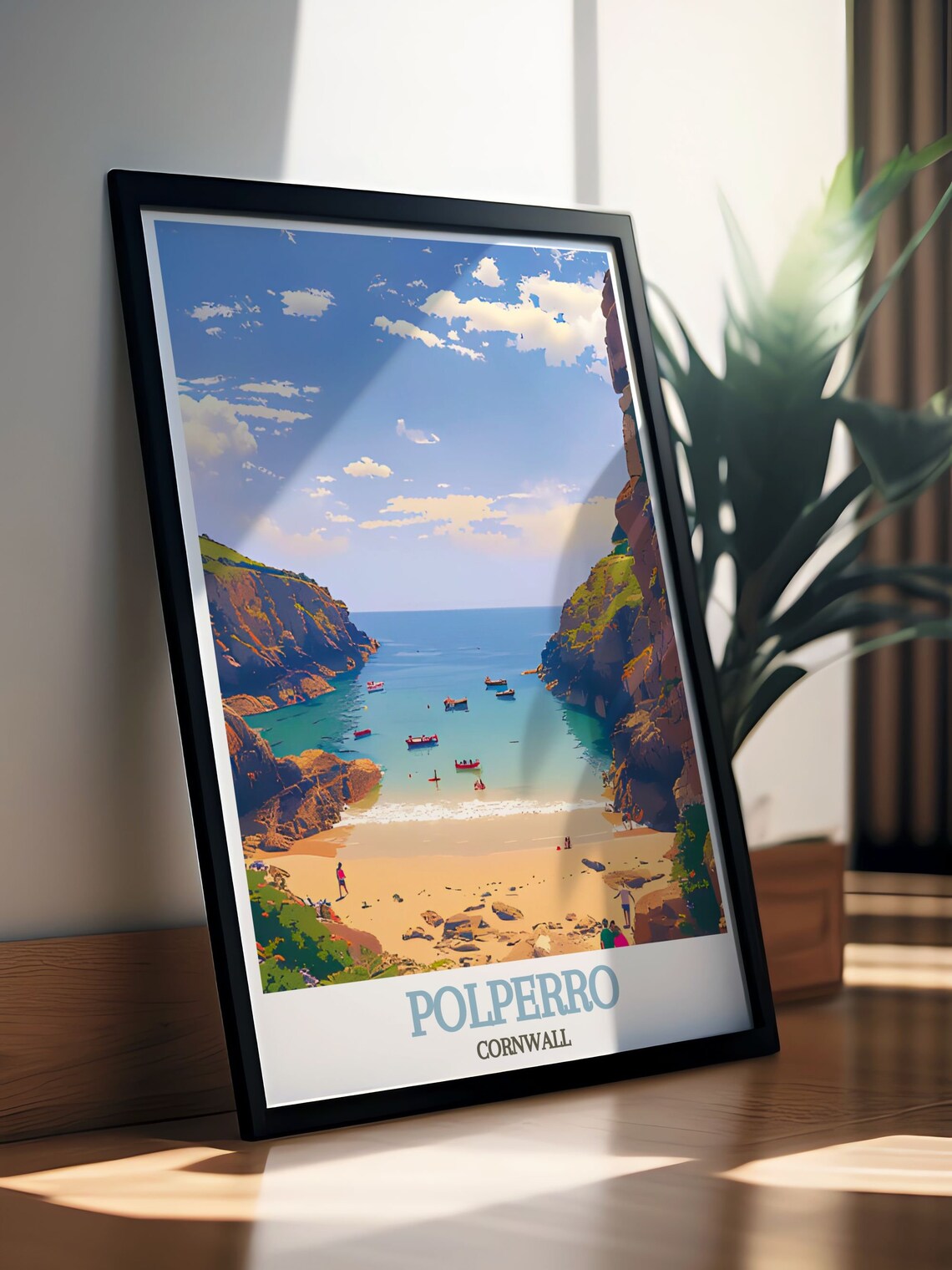 Polperro Cornwall Sunny Cove Beach and Red Fishing Boats Poster - Image 3