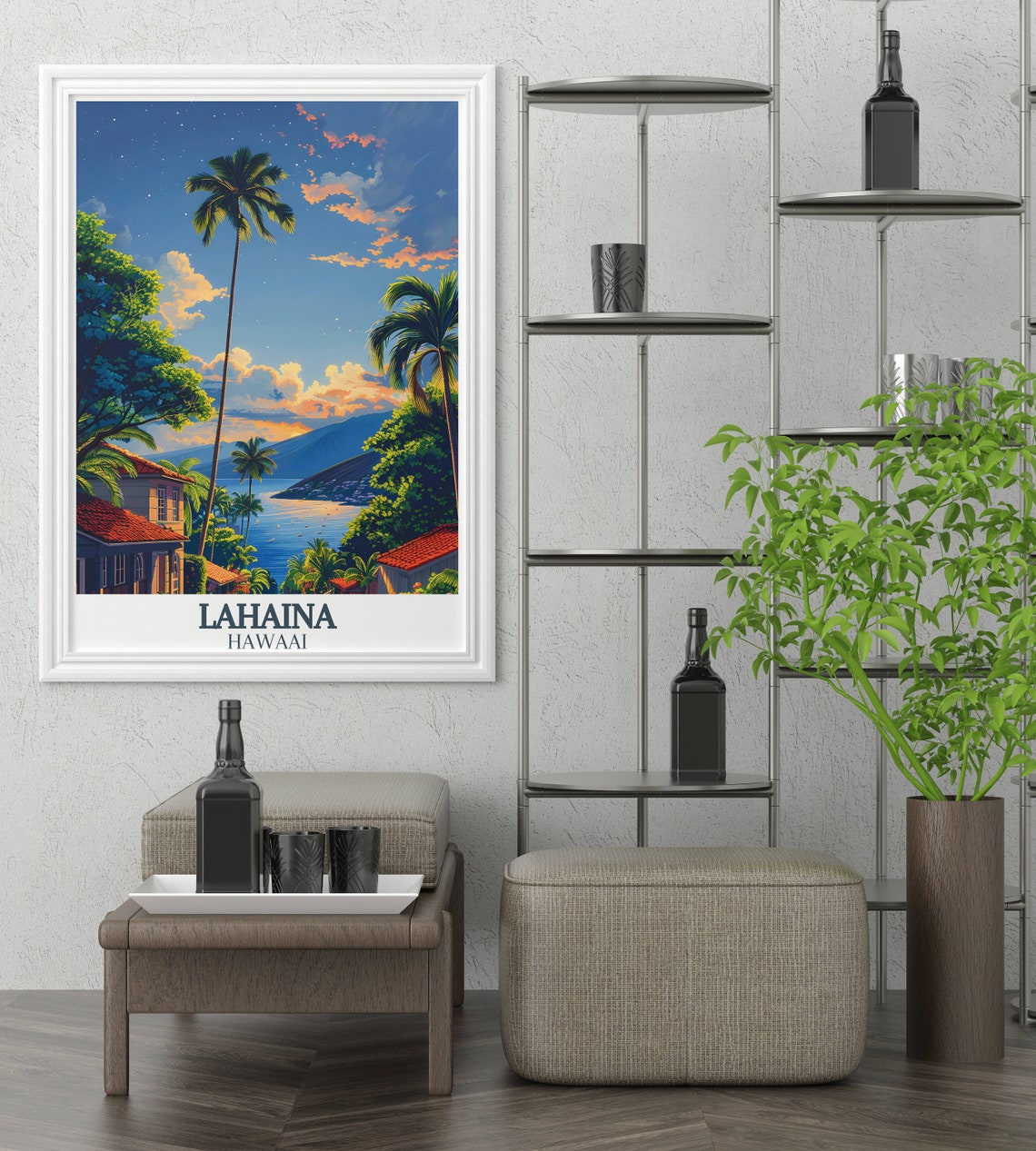 Lahaina Hawaii Tropical Sunset Bay Coast Palms Starry Night Poster - Image 2