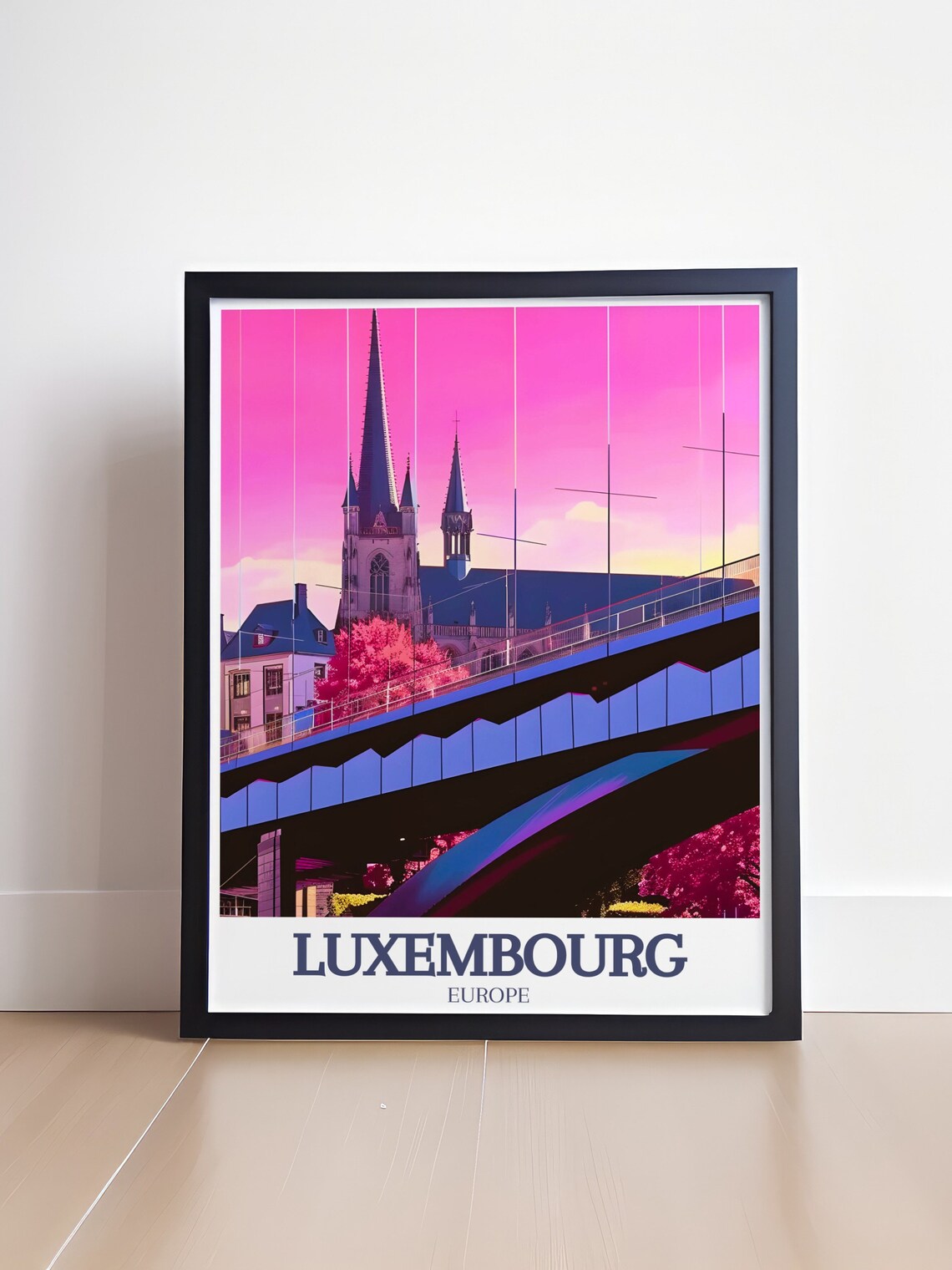Luxembourg Europe Notre Dame Cathedral Pink Dusk Bridge Travel Poster - Image 4