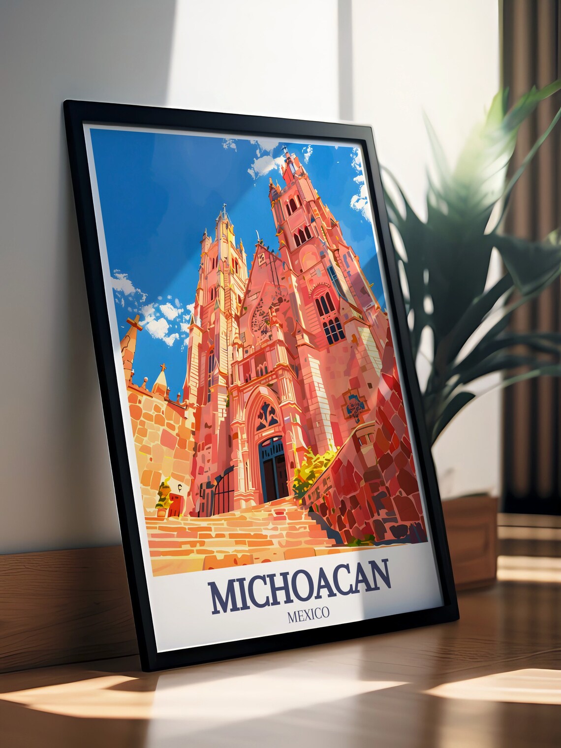 Michoacan Mexico Morelia Cathedral Pink Stone Church Travel Poster - Image 3