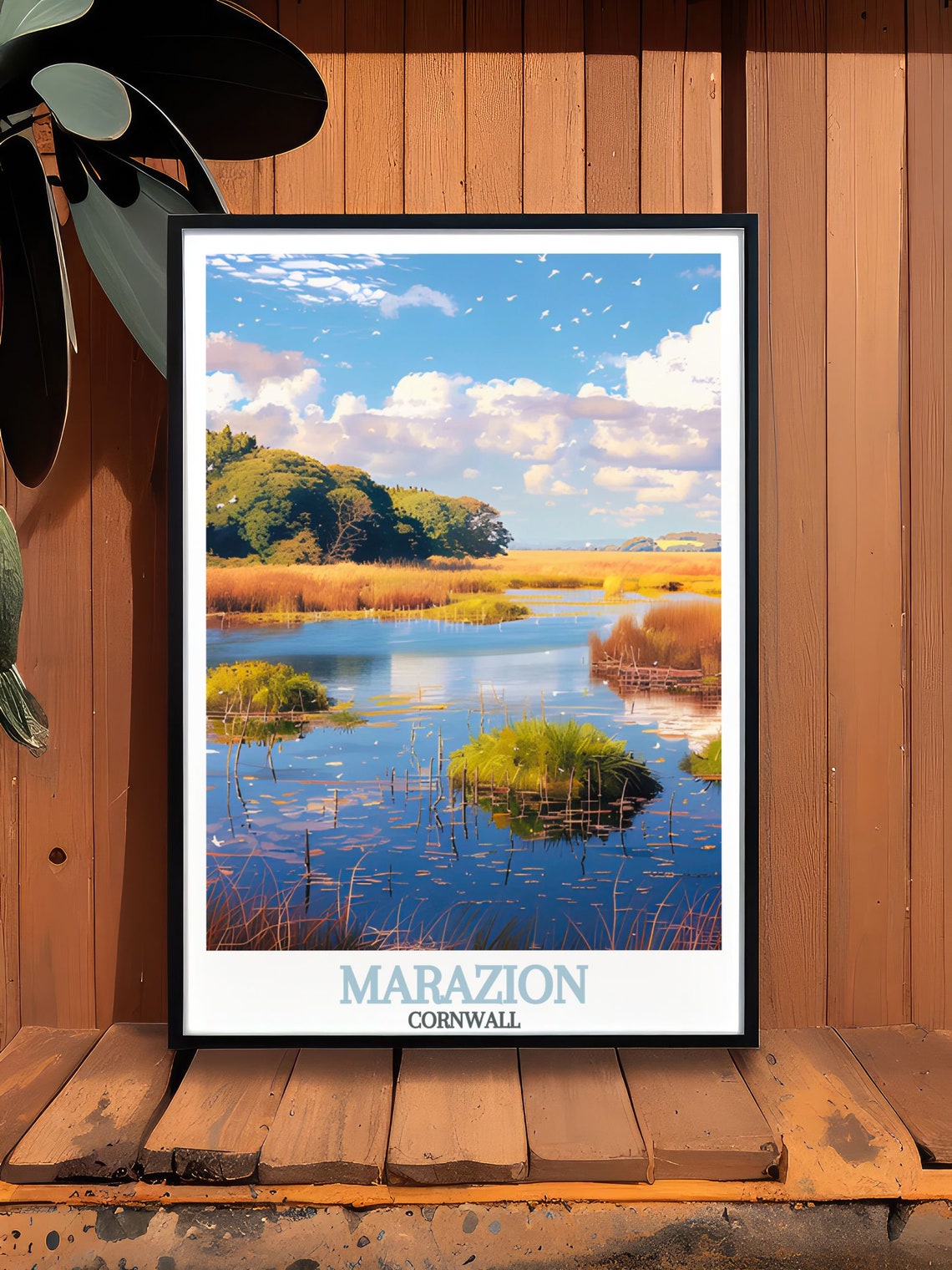 Marazion Cornwall Marsh Wetlands Reflecting Sky Travel Poster - Image 3