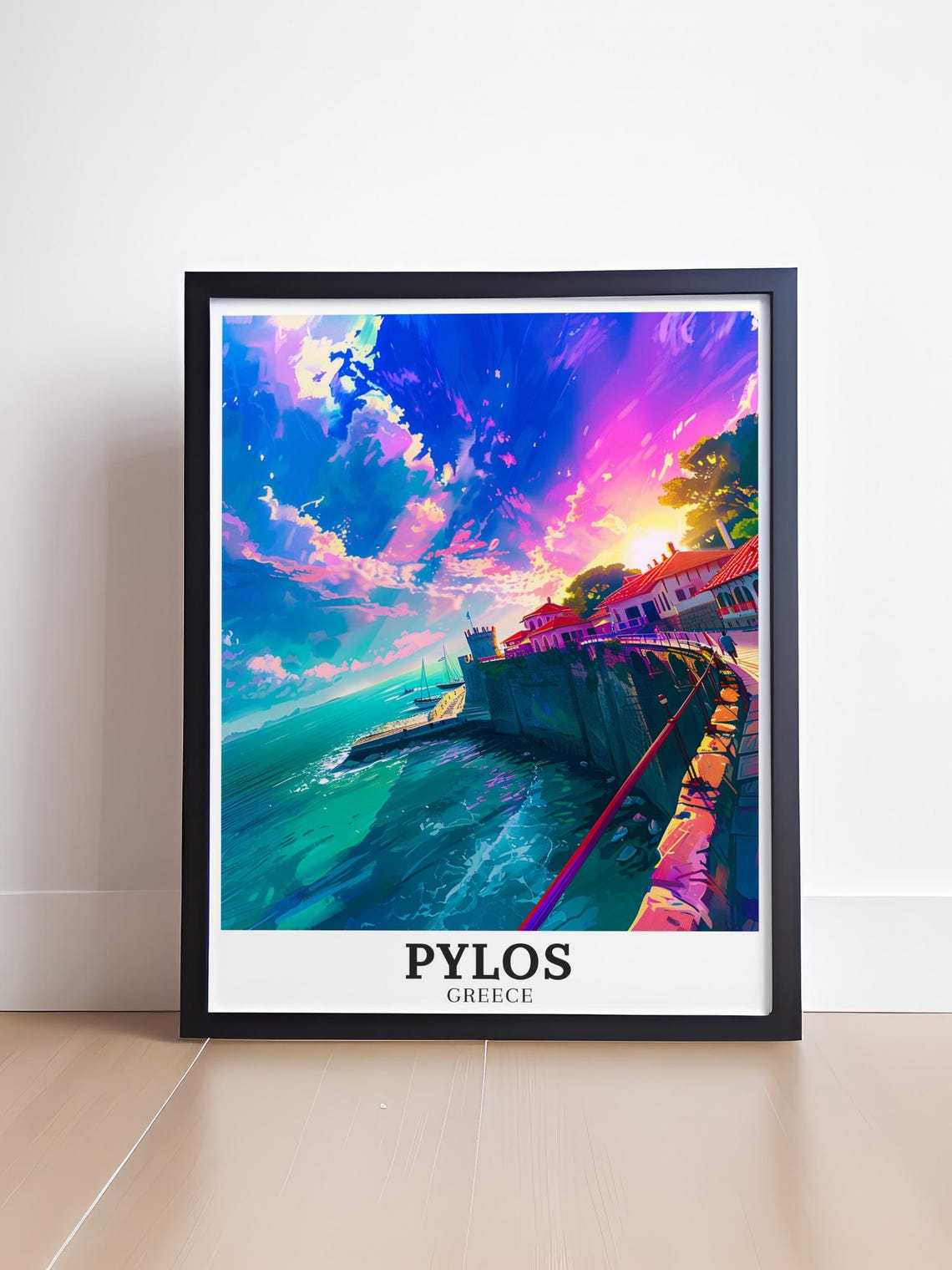 Pylos Greece Vivid Sunset Over Harbor Promenade Travel Poster - Image 3