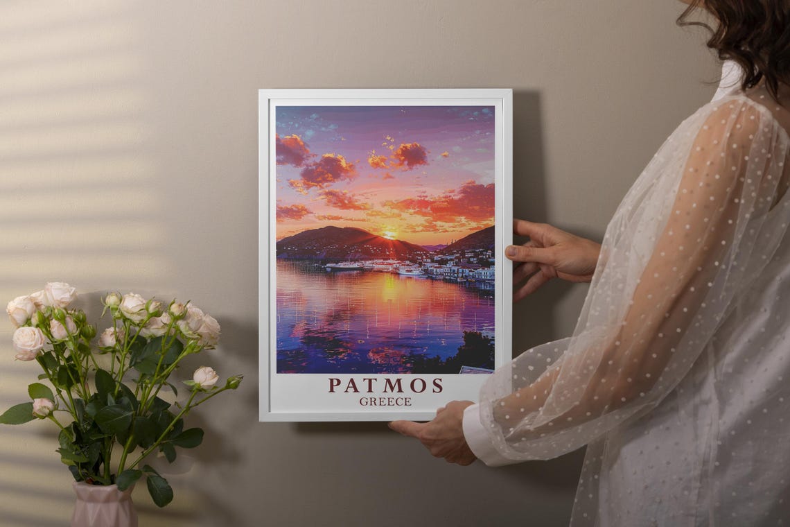 Patmos Greece Skala Harbor Glowing Sunset Water Reflection Poster - Image 2