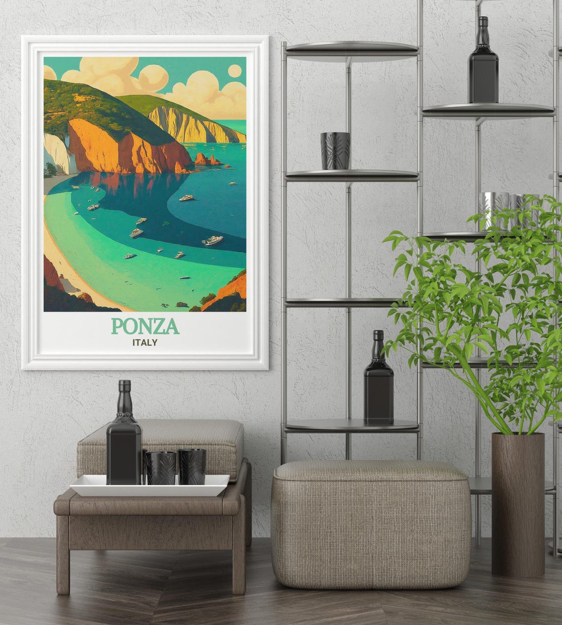 Ponza Italy Sunny Crescent Beach and Orange Cliffs Travel Poster - Image 2