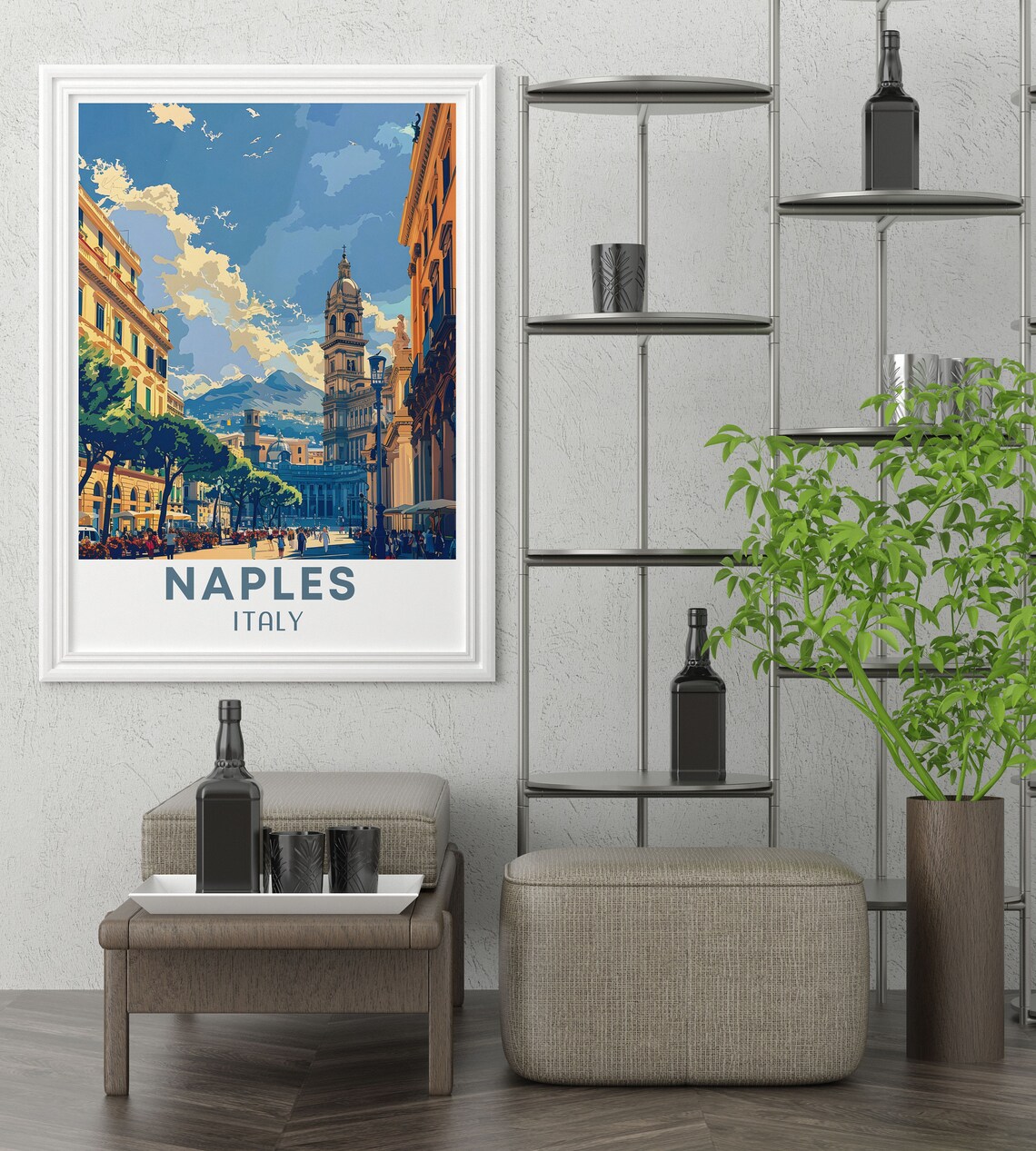 Naples Italy Piazza del Plebiscito Travel Poster With Vesuvius View - Image 2