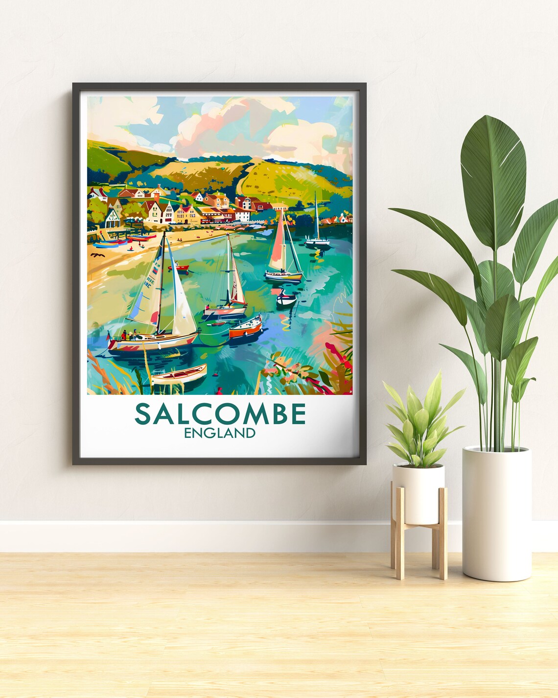 Salcombe England Estuary Sailboats Hillside Town Coastal Travel Poster - Image 3