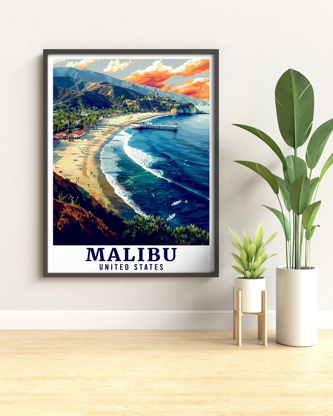 Malibu United States Lagoon Beach Pier Surfers Sunset Poster - Image 3