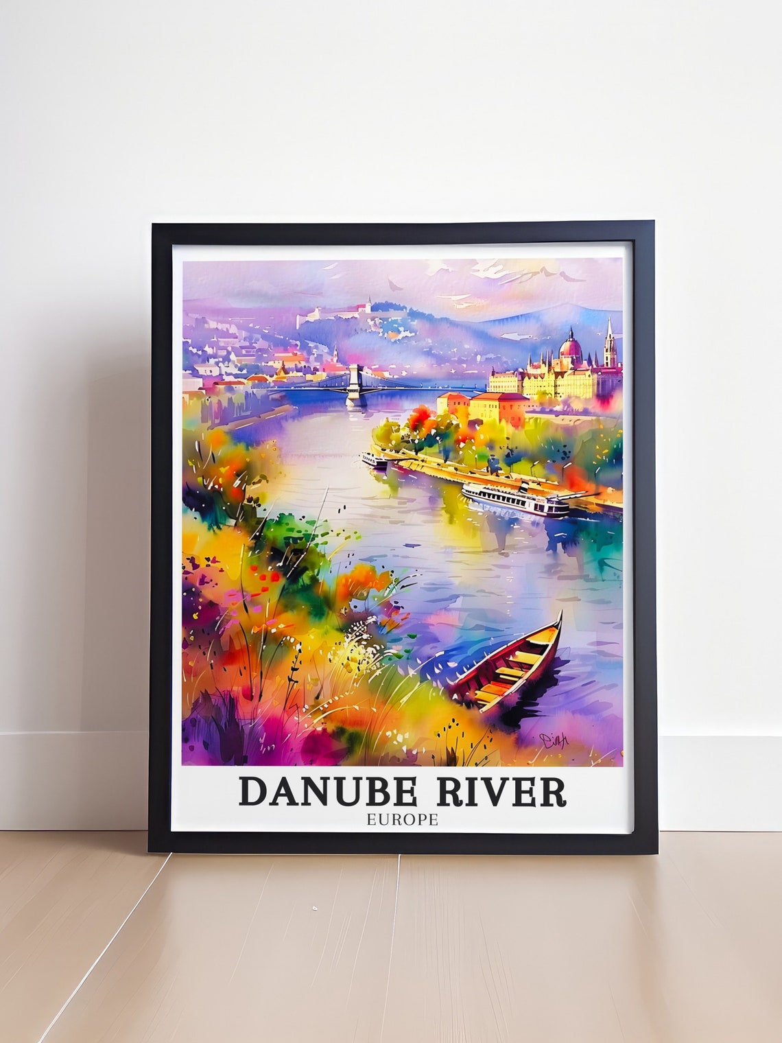 Danube River Budapest Watercolour Riverside Boats Scene Poster - Image 4