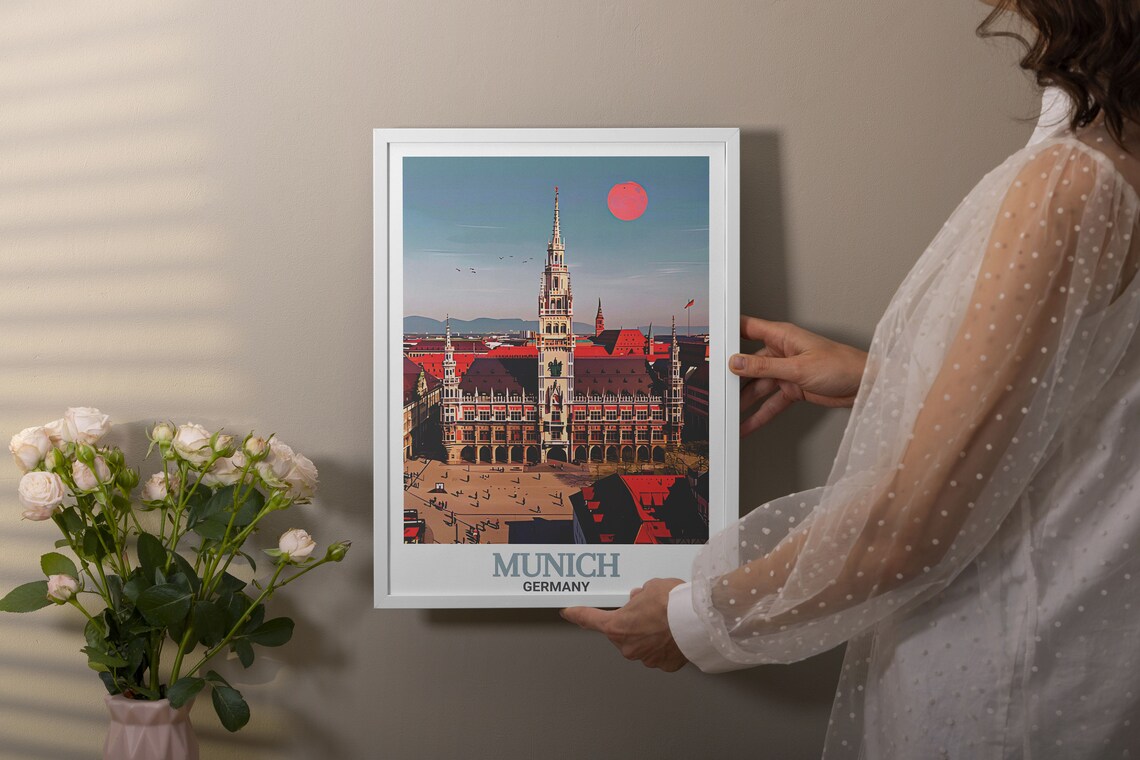 Munich New Town Hall Tower Marienplatz Red Roofs Sunset Travel Poster - Image 3