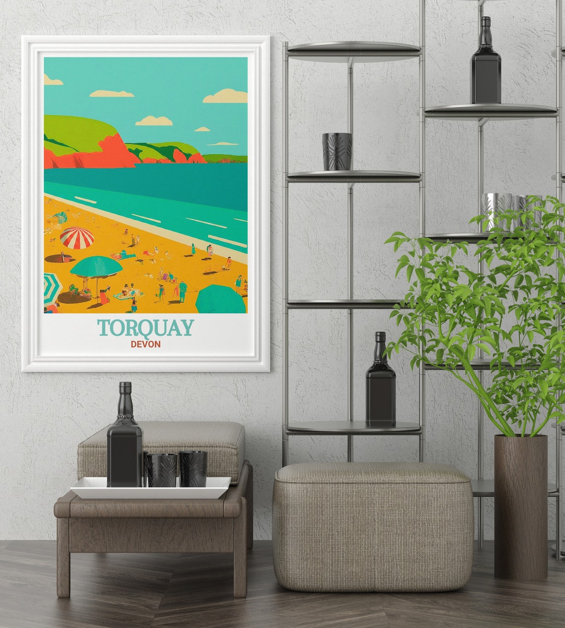 Torquay Devon Meadfoot Beach Umbrellas Red Cliffs Sunny Travel Poster - Image 2
