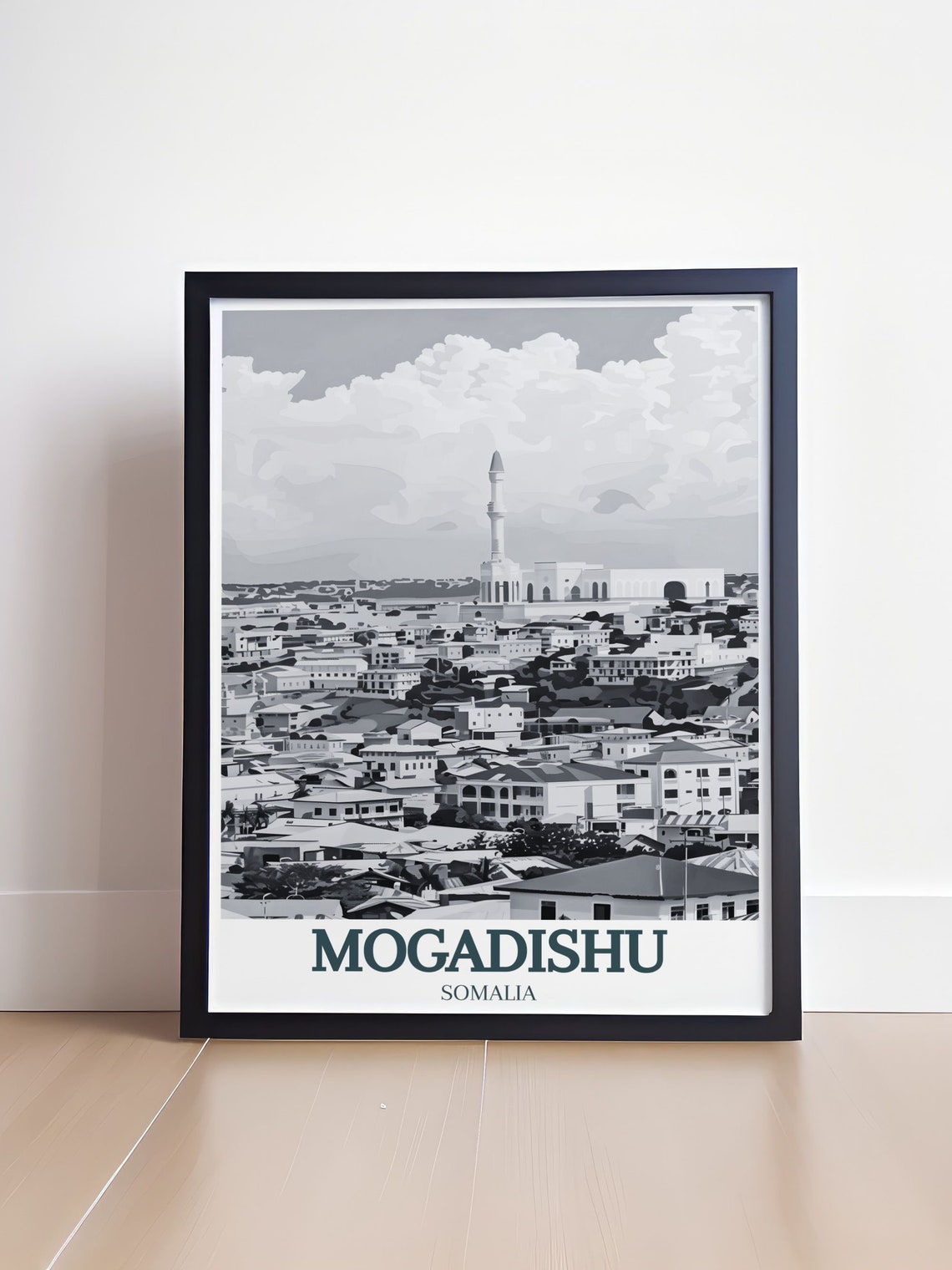 Mogadishu Somalia Monochrome Cityscape Mosque Skyline Poster - Image 4