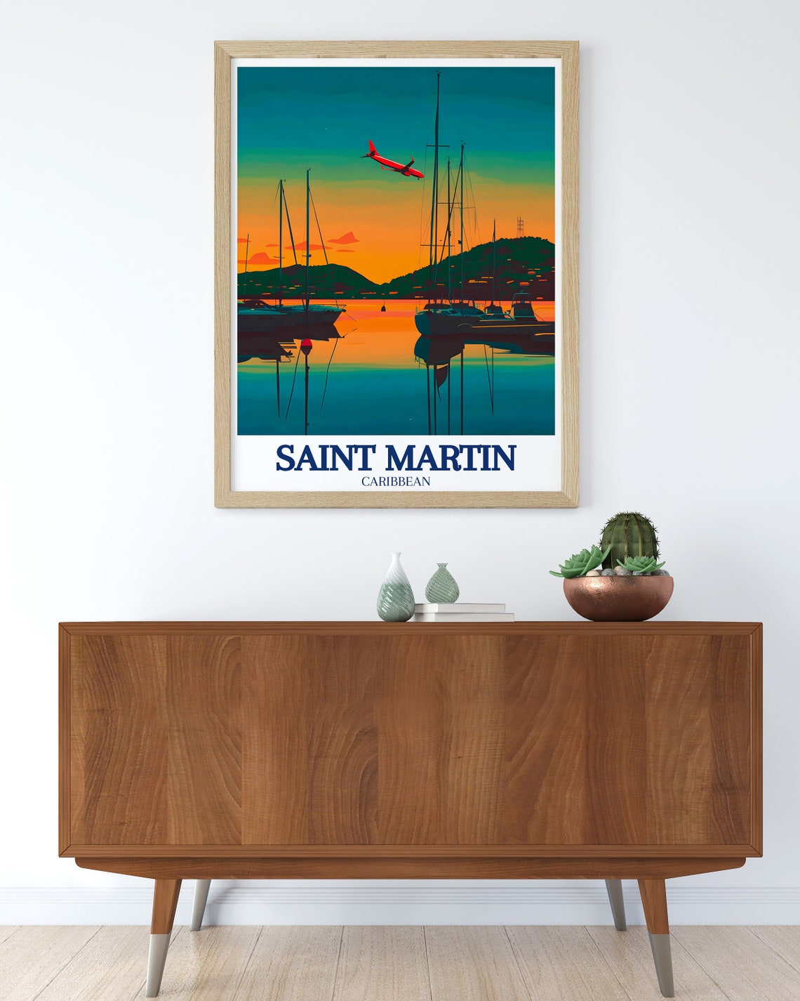 Saint Martin Caribbean Marina Sunset Sailboats Plane Retro Poster - Image 3