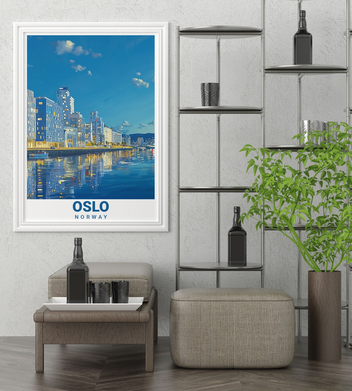 Oslo Barcode Waterfront Skyline Glowing at Night Norway Travel Poster - Image 2