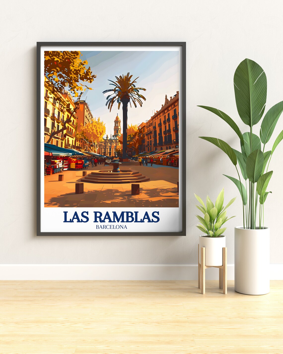 Las Ramblas Barcelona Sunlit Plaza Fountain Market Retro Poster - Image 2