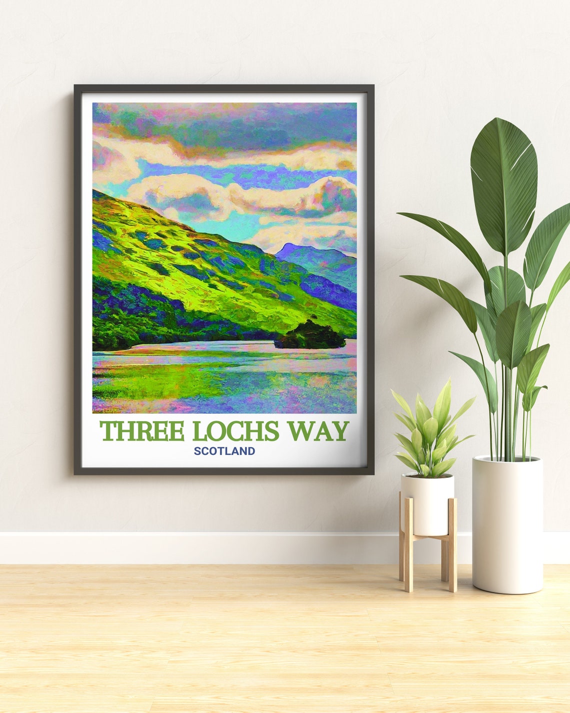 Three Lochs Way Scotland Painterly Loch Hillside Clouds Poster - Image 3
