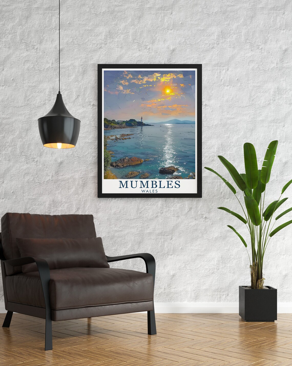 Mumbles Wales Lighthouse Rocky Coast Sunrise View Travel Poster - Image 3