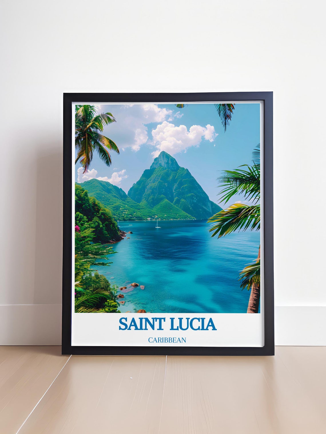 Saint Lucia Pitons Twin Peaks Over Turquoise Bay Palm View Poster - Image 4