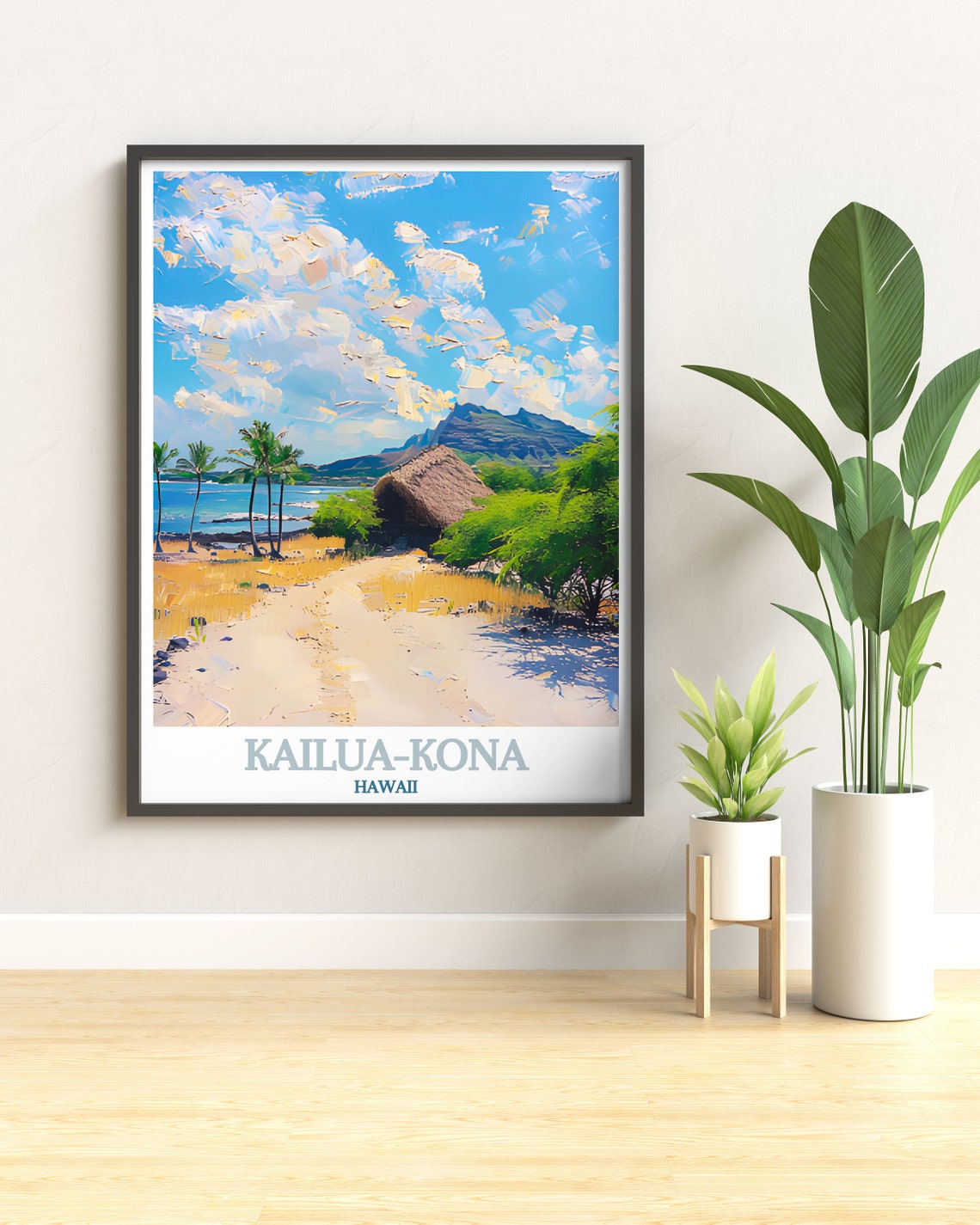 Kailua-Kona Hawaii Palm Beach Thatched Hut Tropical Travel Poster - Image 3