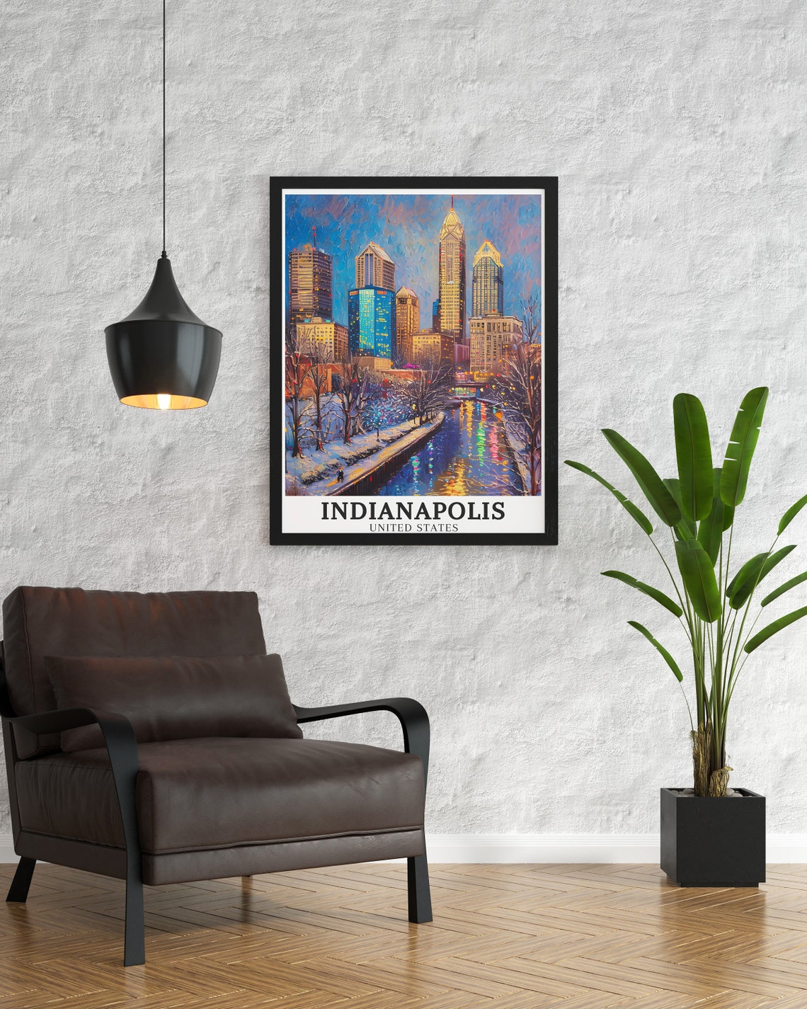 Indianapolis Canal Walk Winter Skyline Snow Impressionist Poster - Image 3