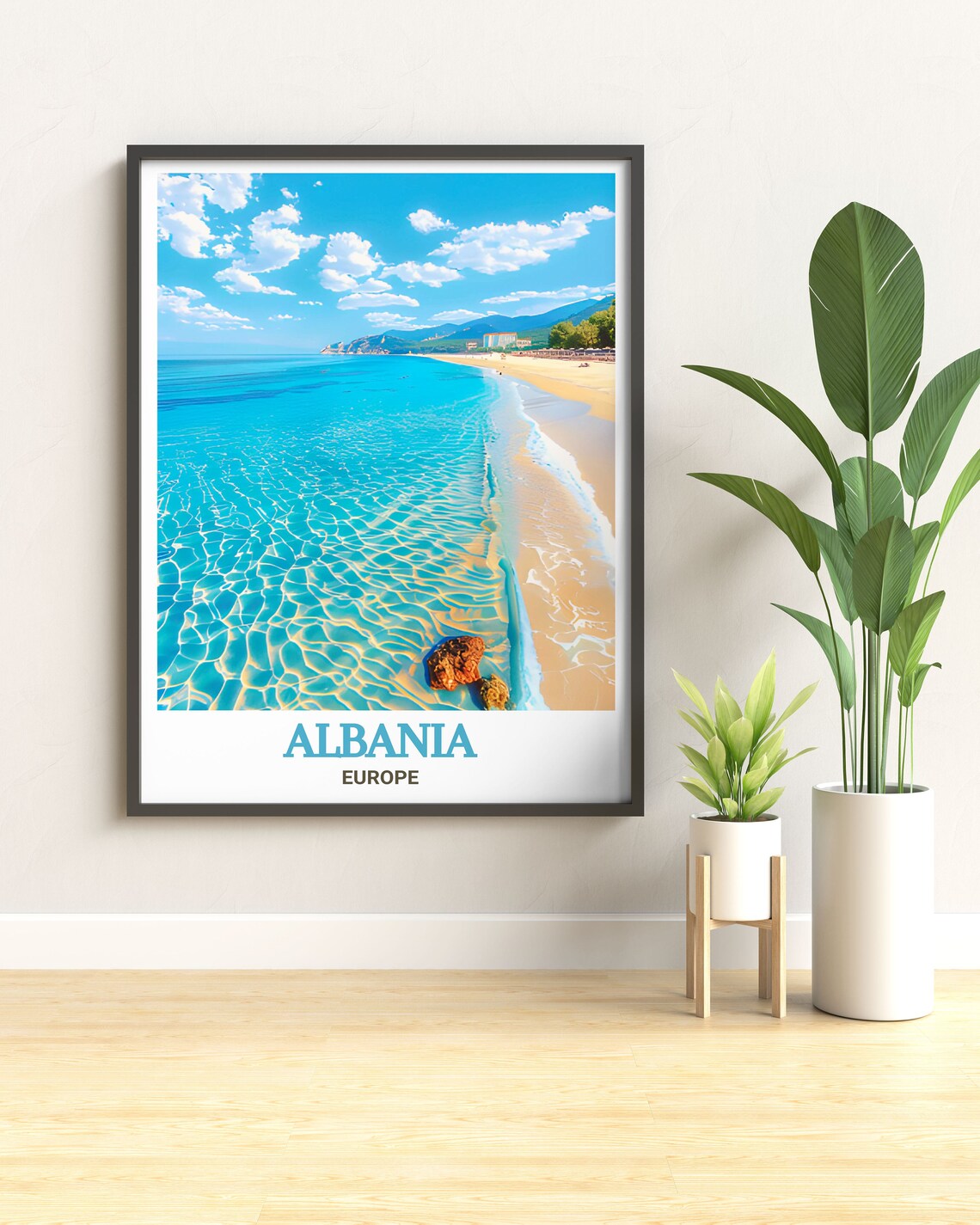 Dhermi Beach Turquoise Sea Golden Sandy Shore Travel Art Poster - Image 3