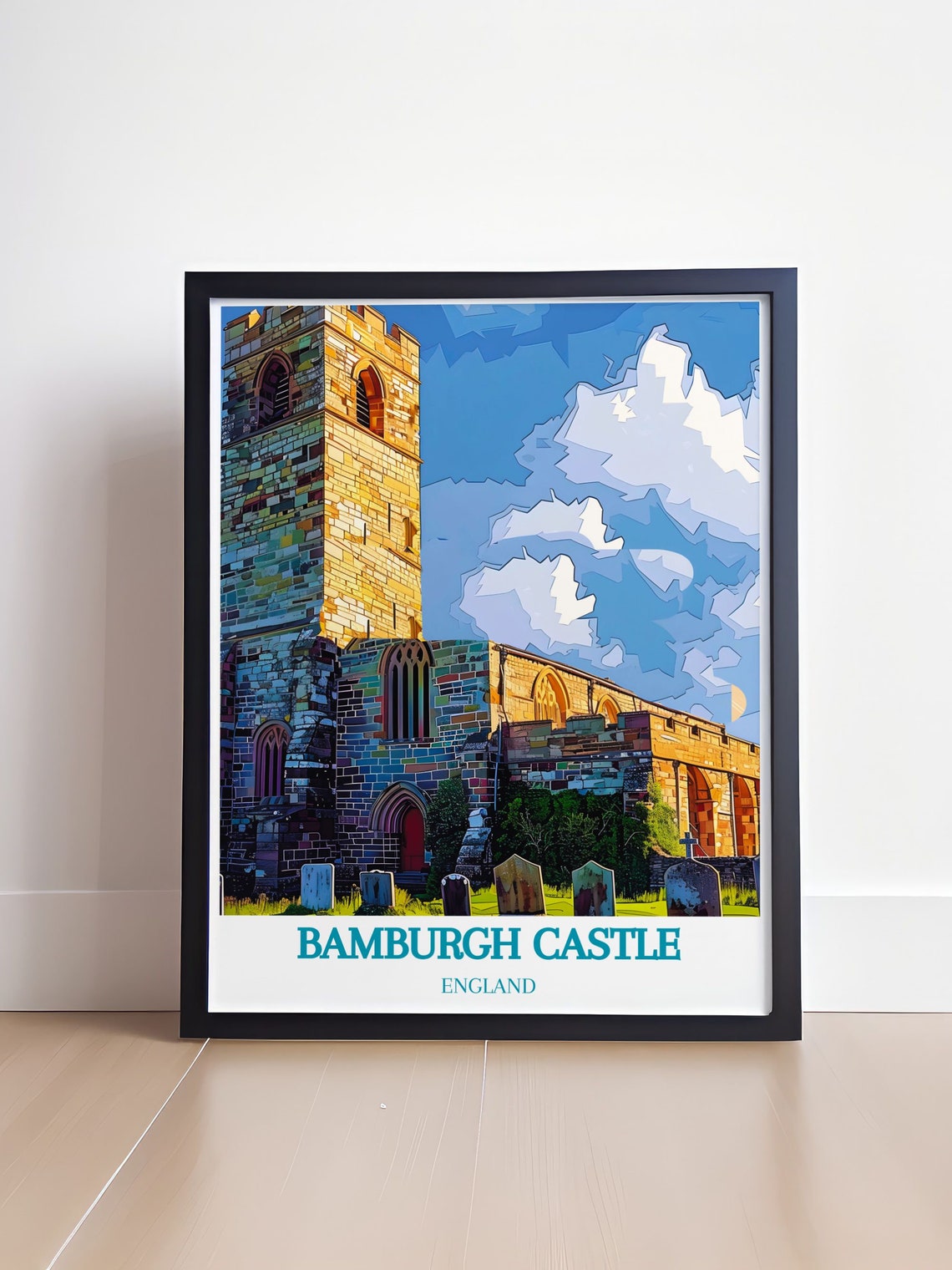 Bamburgh Castle England Travel Poster Historic Stone Church Tower - Image 4