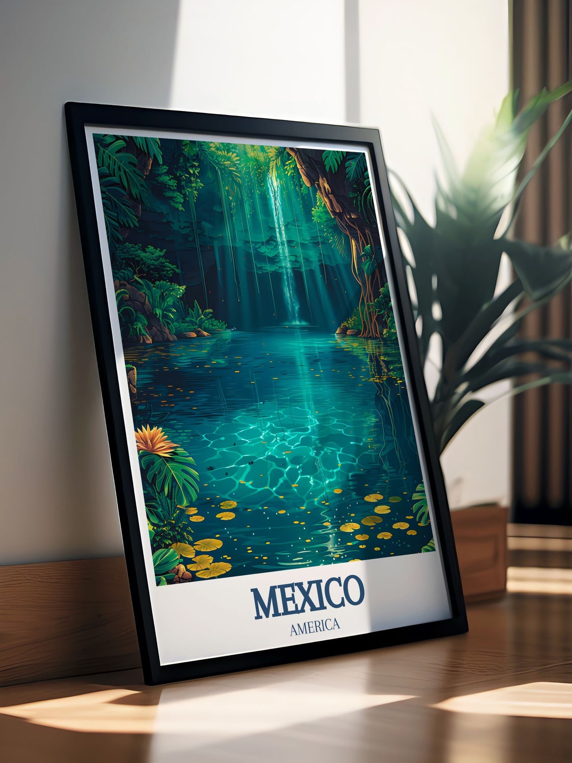 Emerald Cenote with Sunbeams and Water Lilies in Mexico Poster - Image 3