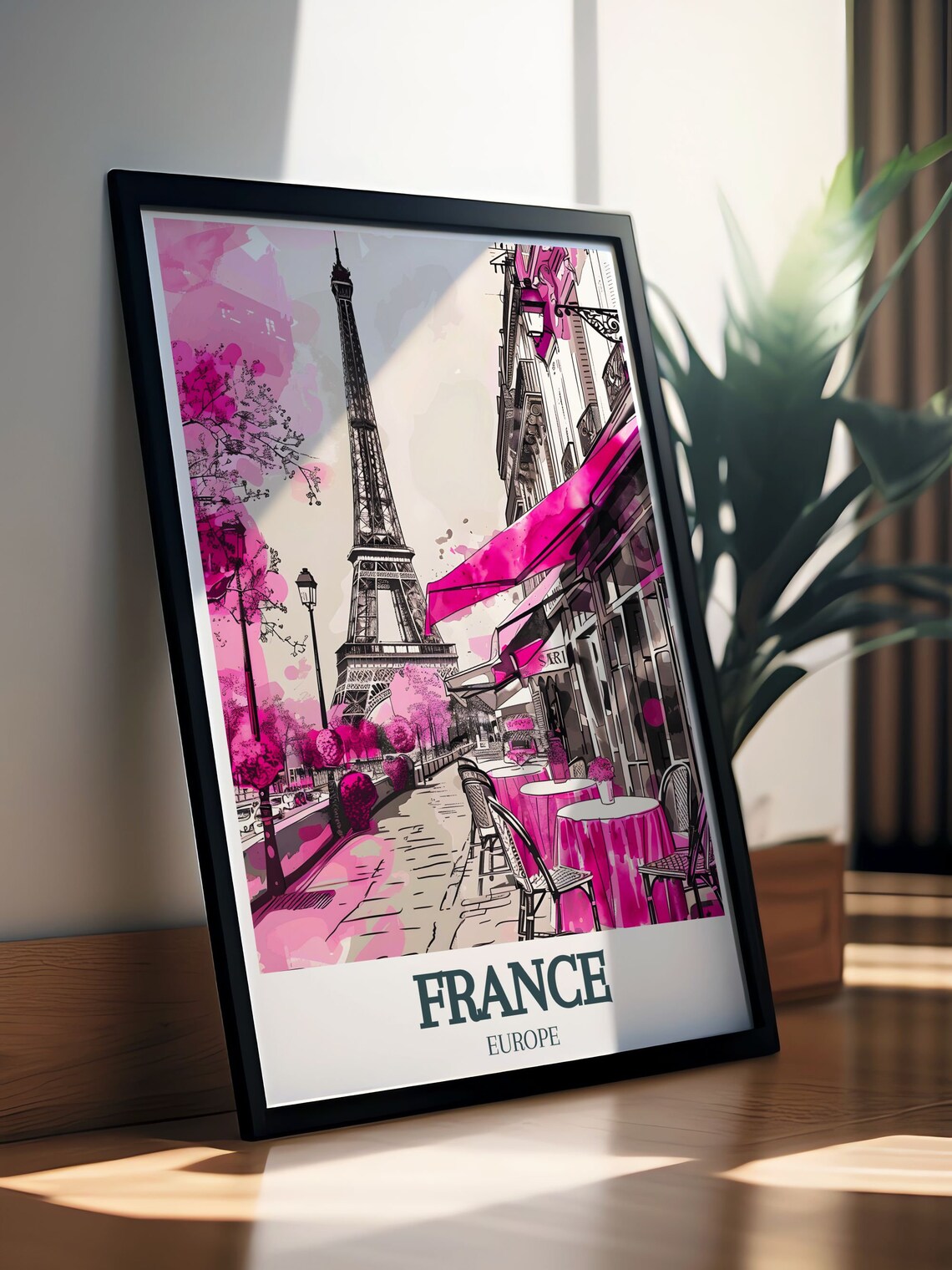 Eiffel Tower Paris Pink Cafe Terrace Watercolor Street Art Poster - Image 3