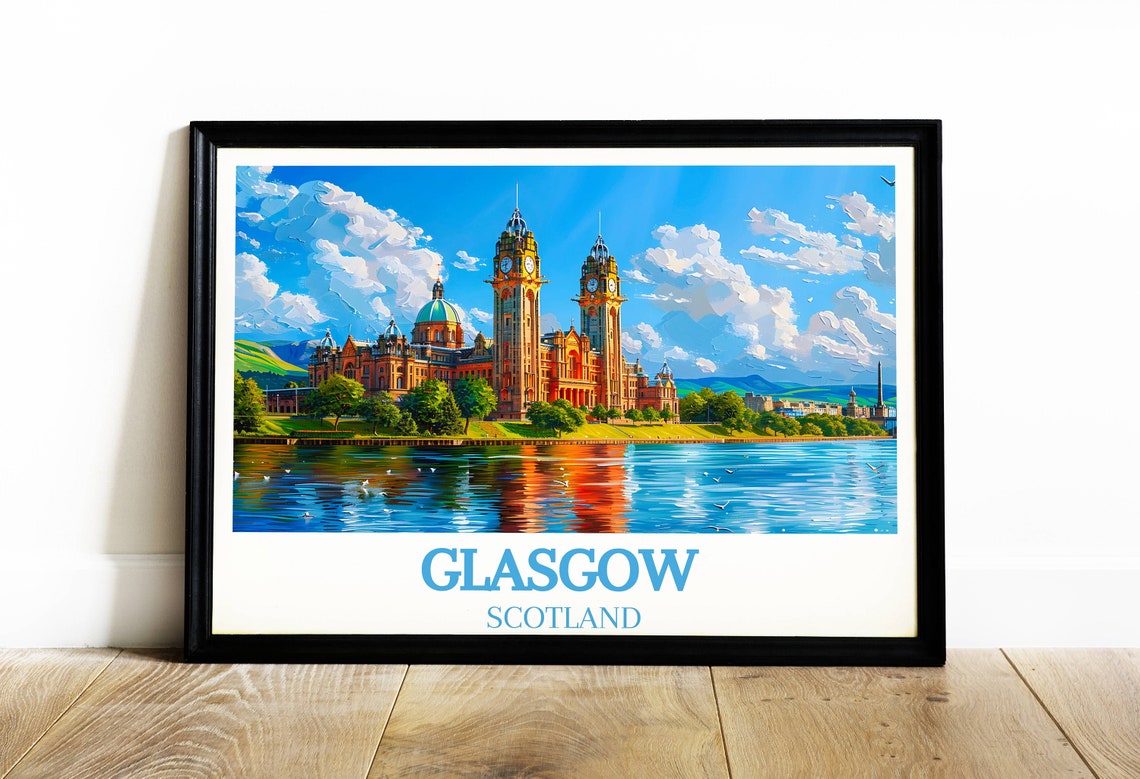 Glasgow Scotland Riverside Twin Clock Towers Summer Day Poster - Image 4