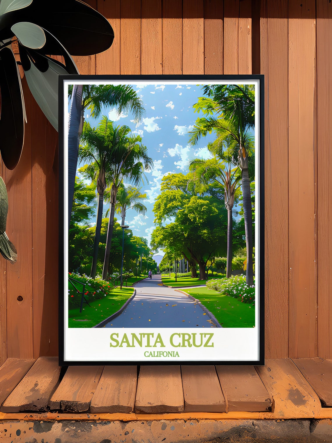 Sunny Santa Cruz Califonia Spelled Palm Tree Avenue Path Poster - Image 2