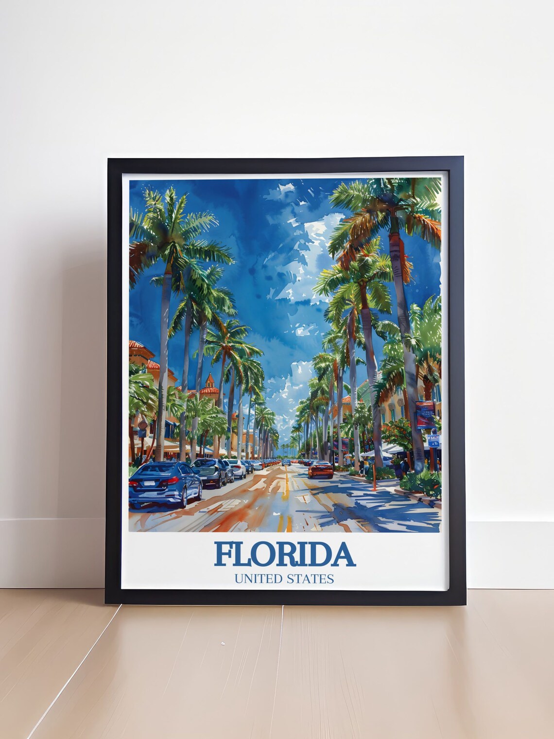 Florida Palm Lined City Street Watercolor Sunshine Travel Poster - Image 4