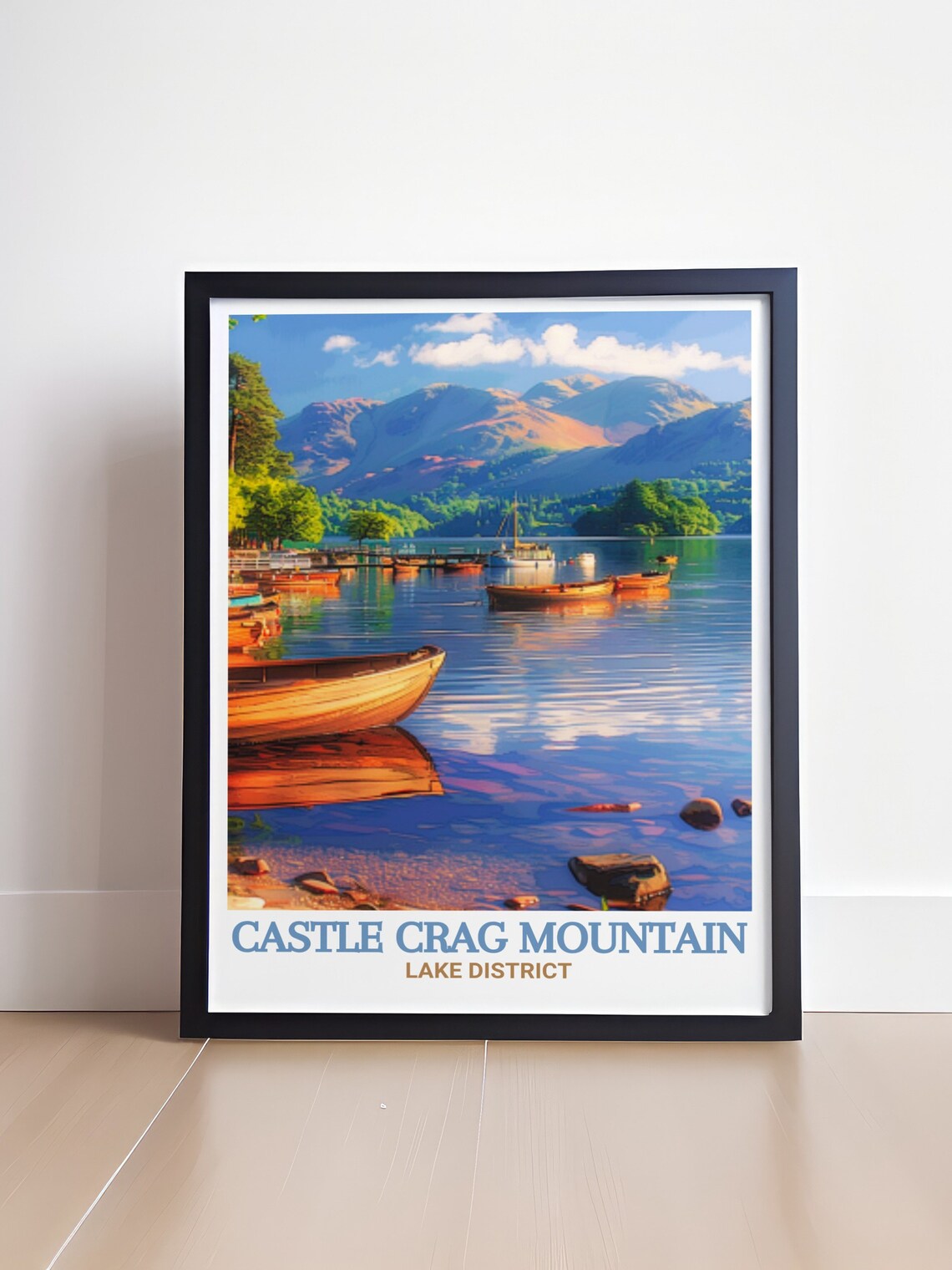 Castle Crag Mountain Derwentwater Lakeside Boats at Sunset Poster - Image 4