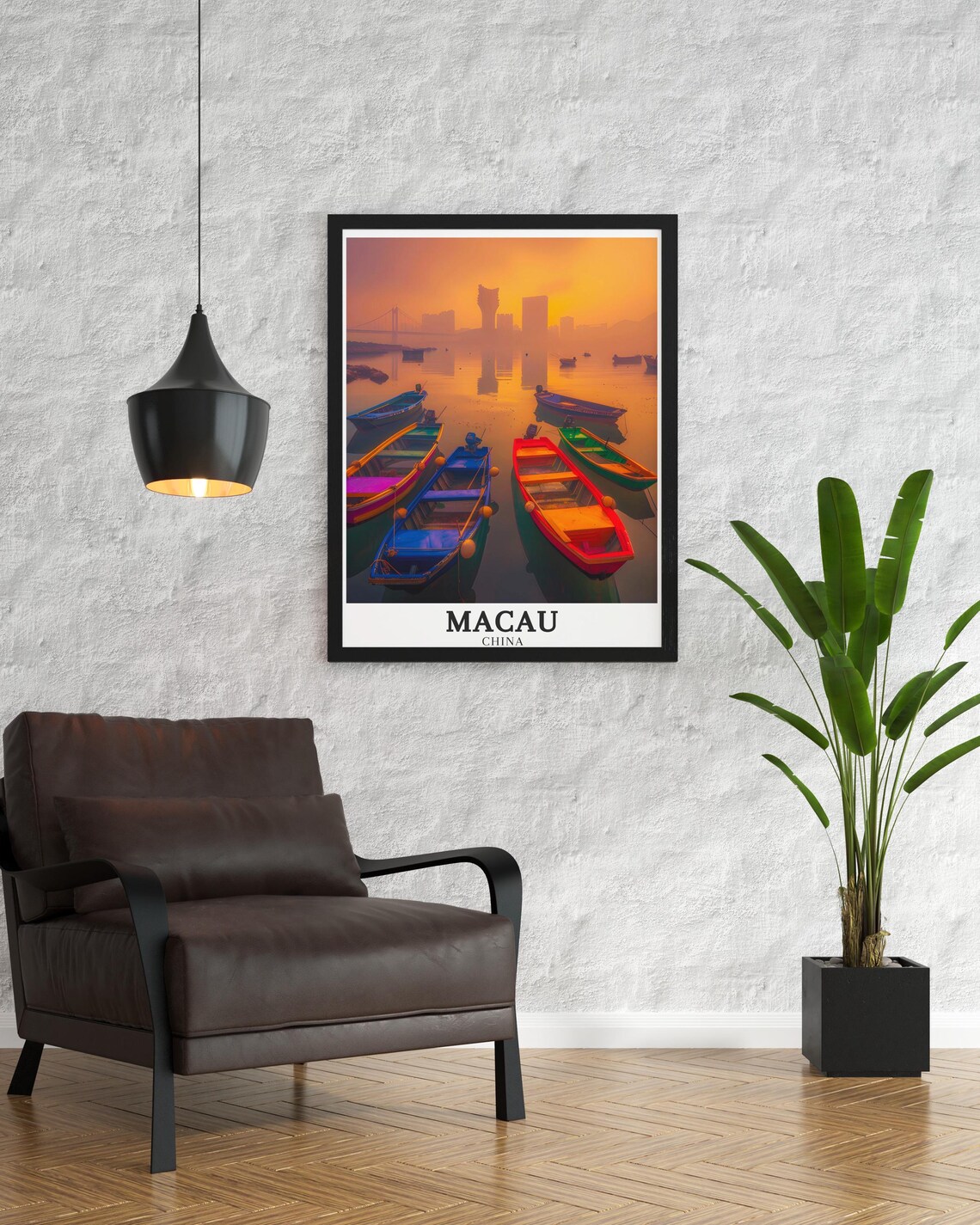 Macau China Colorful Fishing Boats at Golden Harbor Sunrise Poster - Image 3