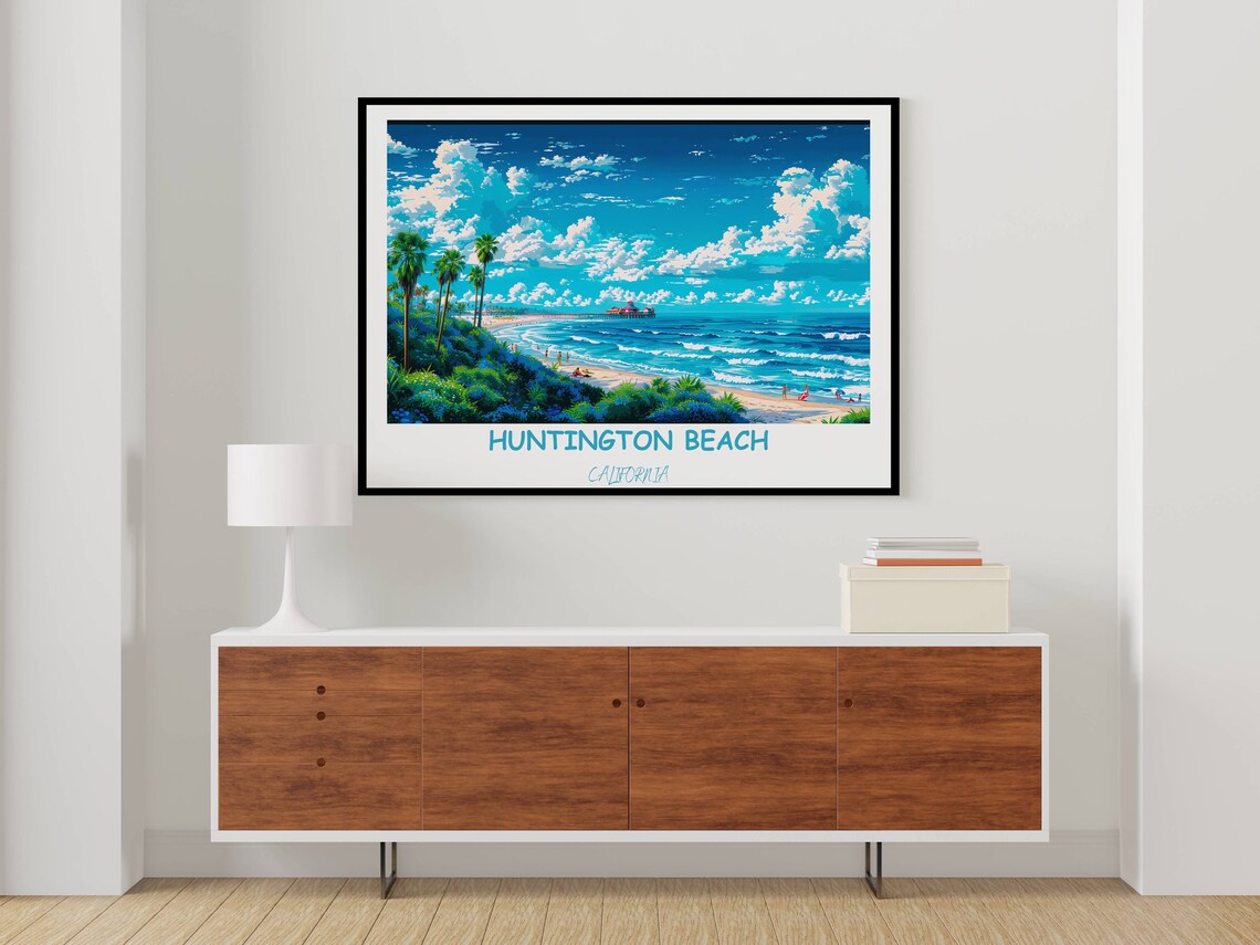 Huntington Beach California Pier Palms Aerial Coast Travel Poster - Image 4