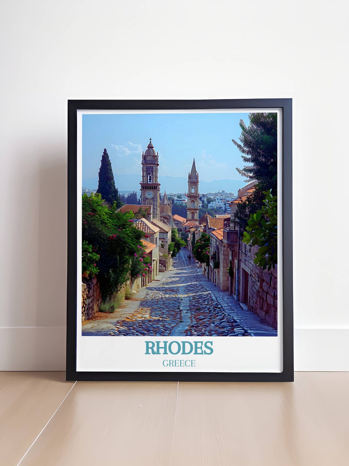 Rhodes Old Town Greece Historic Church Towers Cobbled Street Poster - Image 4