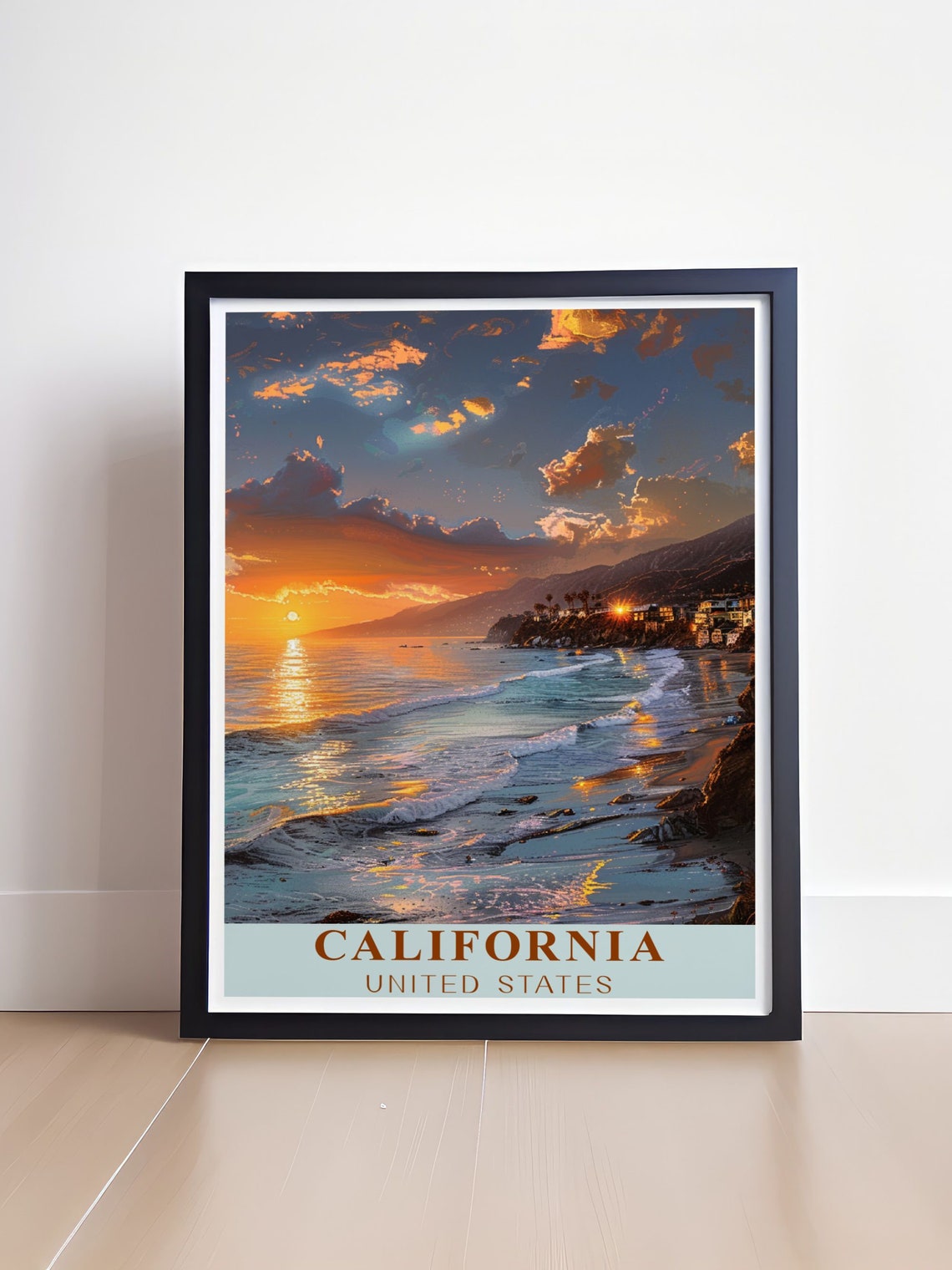 California Coastline Sunset Over Waves and Sandy Beach Travel Poster - Image 4
