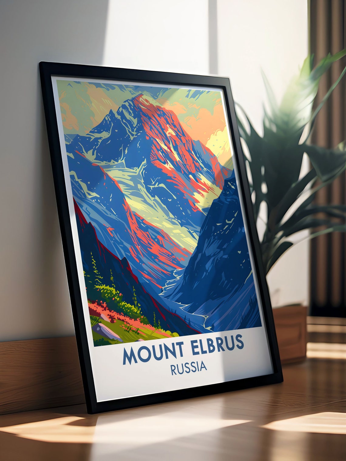 Mount Elbrus Glowing Red Peak at Sunset Over Alpine Valley Poster - Image 2