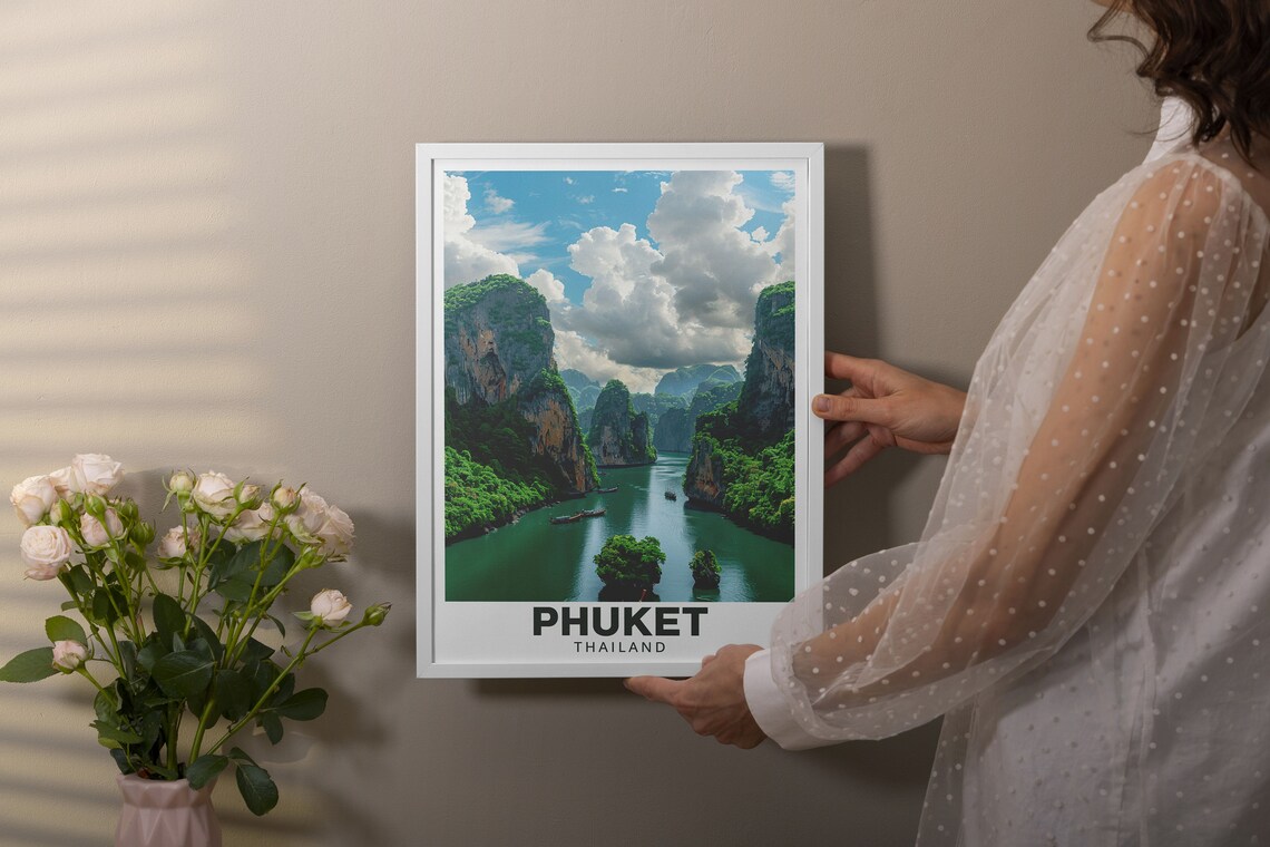 Phuket Thailand Phang Nga Bay Karst Cliffs Longtail Boats Poster - Image 3