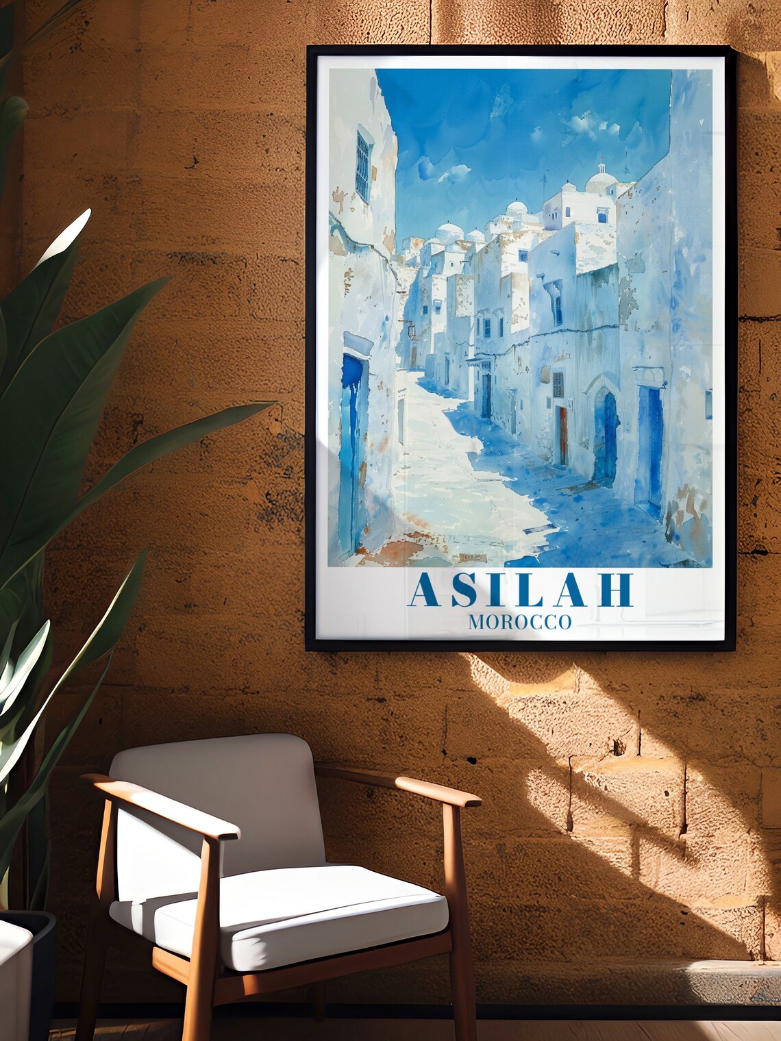 Asilah White Medina Watercolor Blue Shadows Morocco Travel Poster - Image 3