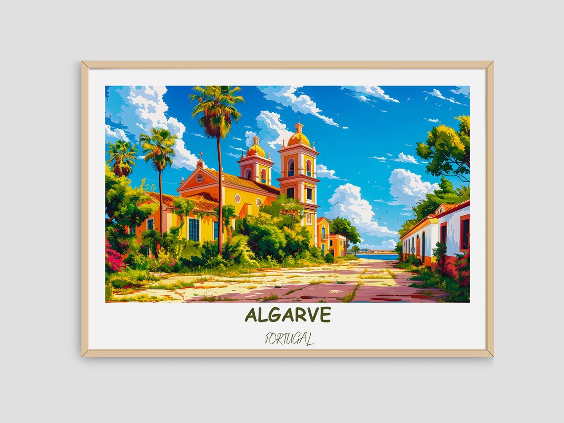 Algarve Portugal Yellow Church Palm Trees Square Vintage Travel Poster - Image 4