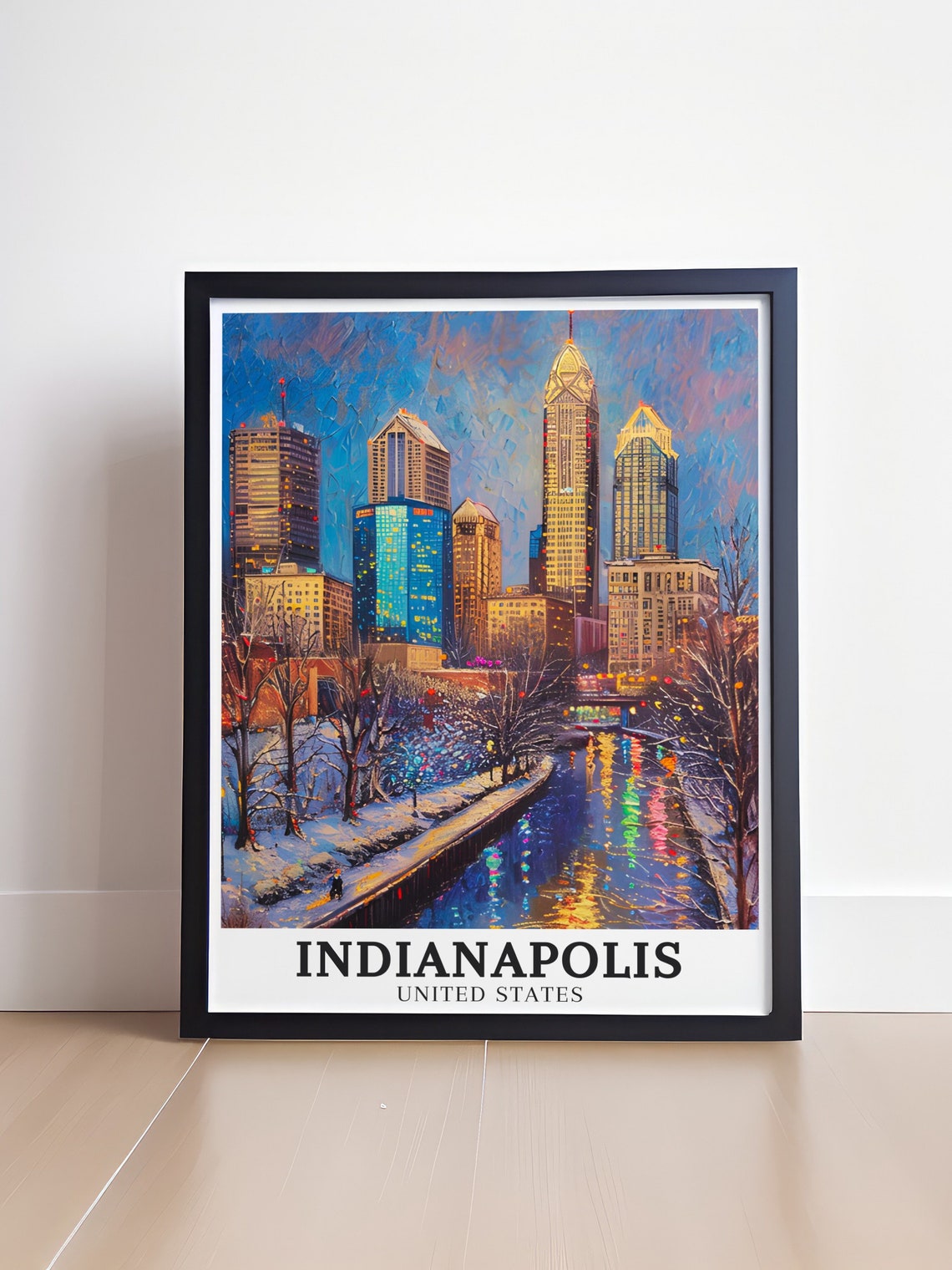 Indianapolis Canal Walk Winter Skyline Snow Impressionist Poster - Image 4