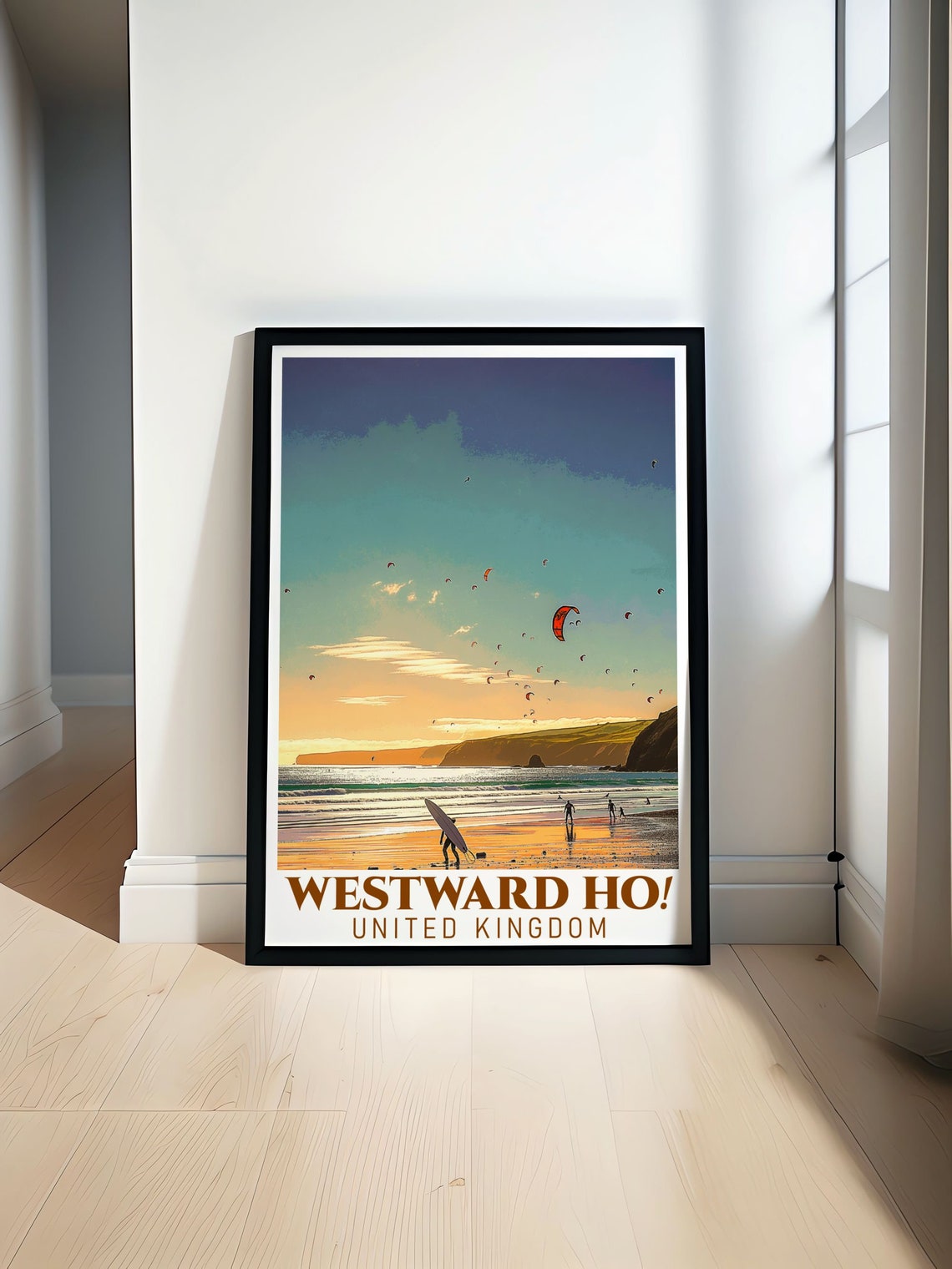 Westward Ho Golden Sunset Beach with Surfers and Kites Poster
