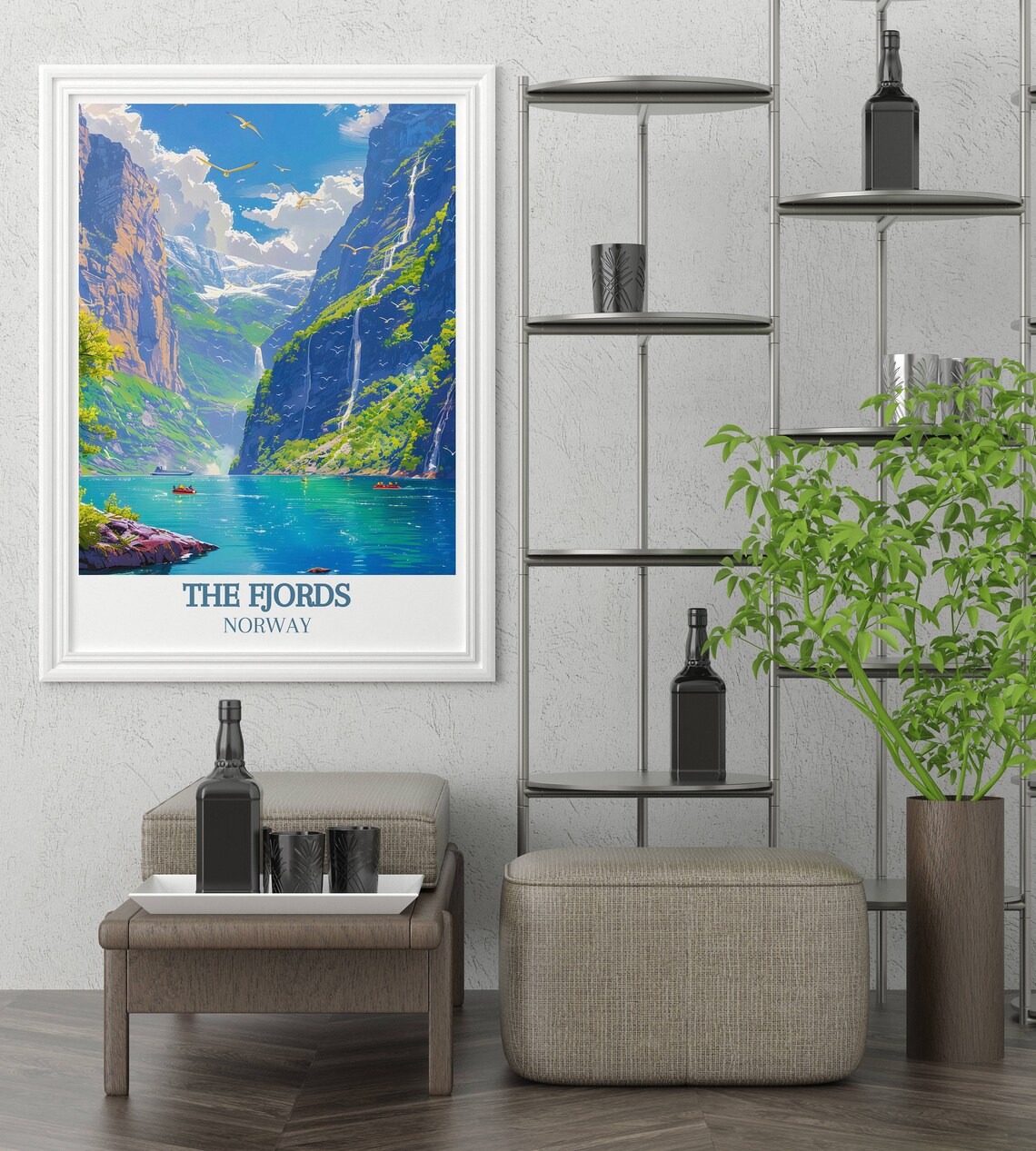 The Fjords Norway Travel Poster Waterfalls Kayaks and Cliffs View - Image 2